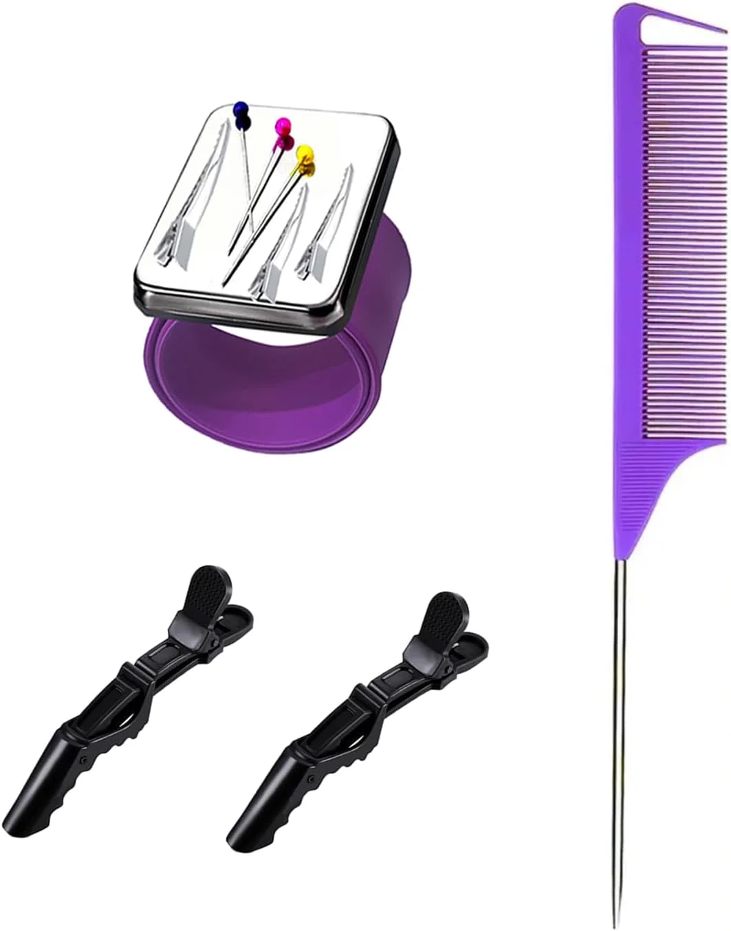 مچ بند مغناطیسی رابلی برای آرایشگر مو، مچ بند سوزن، نگهدارنده سوزن مچی با 1 عدد شانه دم موشی و 2 عدد گیره موی سوسماری (بنفش)