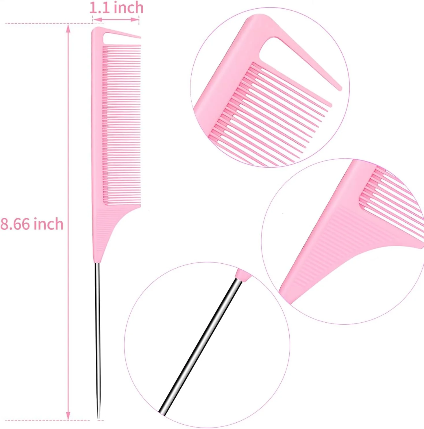 شانه دم موشی رابتلی 3 عددی، شانه های جداکننده برای بافت مو، فیبر کربنی مقاوم در برابر حرارت و ضد الکتریسیته ساکن، برای تقسیم کردن، جدا کردن و حالت دادن به مو (صورتی)