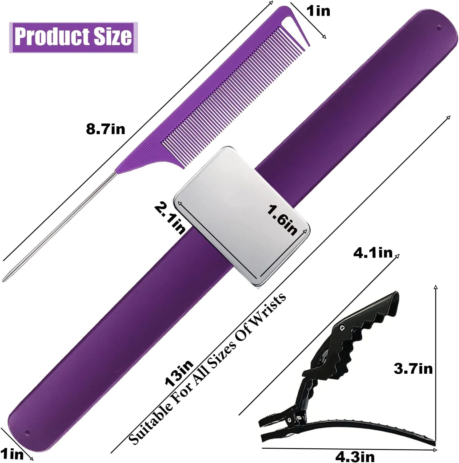 مچ بند مغناطیسی رابلی برای آرایشگر مو، مچ بند سوزن، نگهدارنده سوزن مچی با 1 عدد شانه دم موشی و 2 عدد گیره موی سوسماری (بنفش)