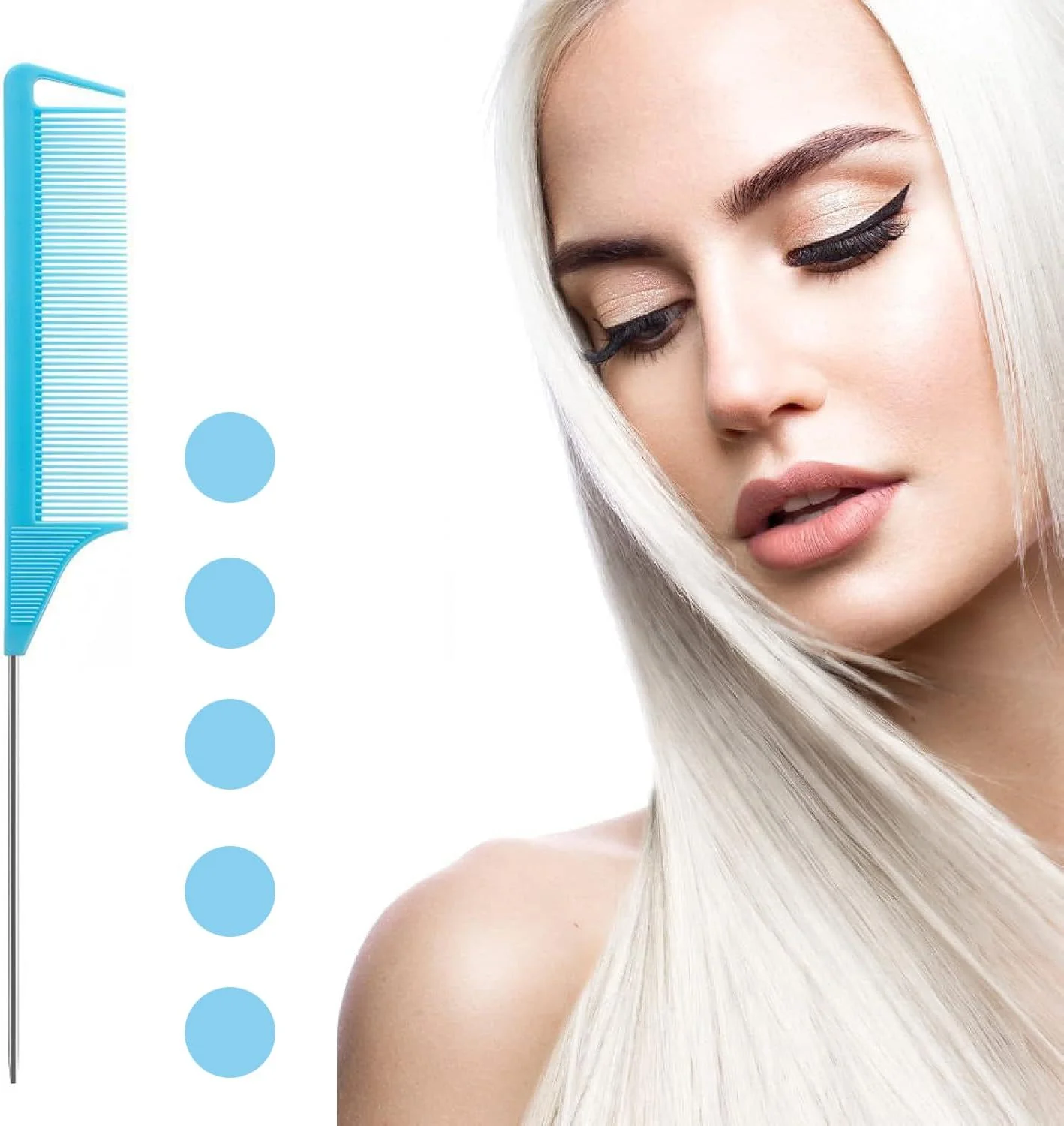 ست 5 عددی شانه دم باریک فلزی حرفه ای، برس موی پوش دهنده با سوزن های فلزی بلند، مناسب برای آرایشگران سالن و تقسیم بندی مو، شانه های فلزی جدا کننده مو برای خانم ها، 5 آبی