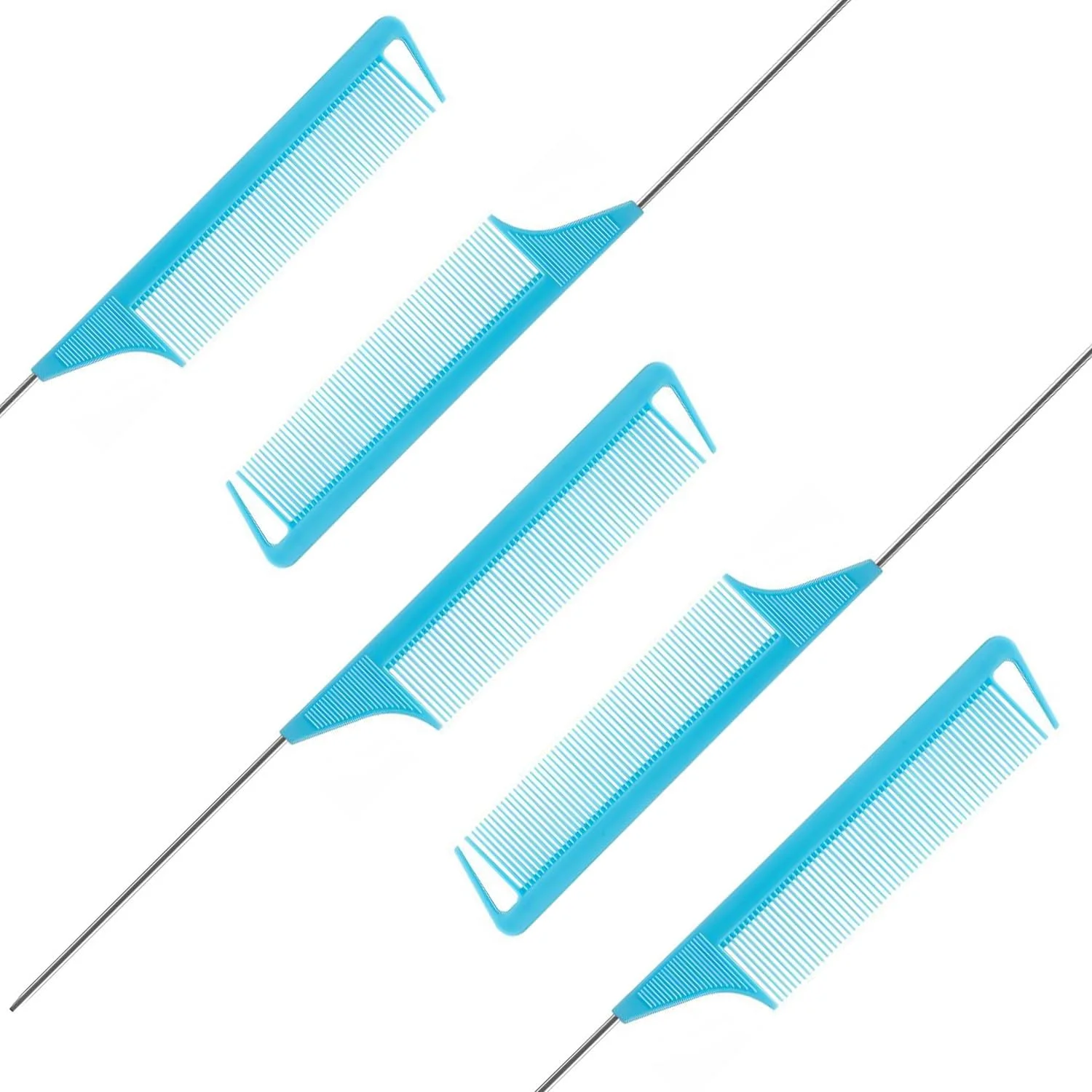 ست 5 عددی شانه دم باریک فلزی حرفه ای، برس موی پوش دهنده با سوزن های فلزی بلند، مناسب برای آرایشگران سالن و تقسیم بندی مو، شانه های فلزی جدا کننده مو برای خانم ها، 5 آبی