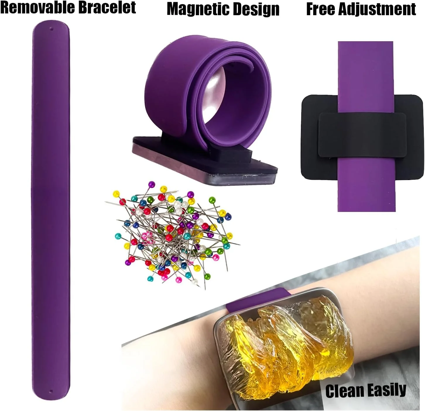 مچ بند مغناطیسی رابلی برای آرایشگر مو، مچ بند سوزن، نگهدارنده سوزن مچی با 1 عدد شانه دم موشی و 2 عدد گیره موی سوسماری (بنفش)