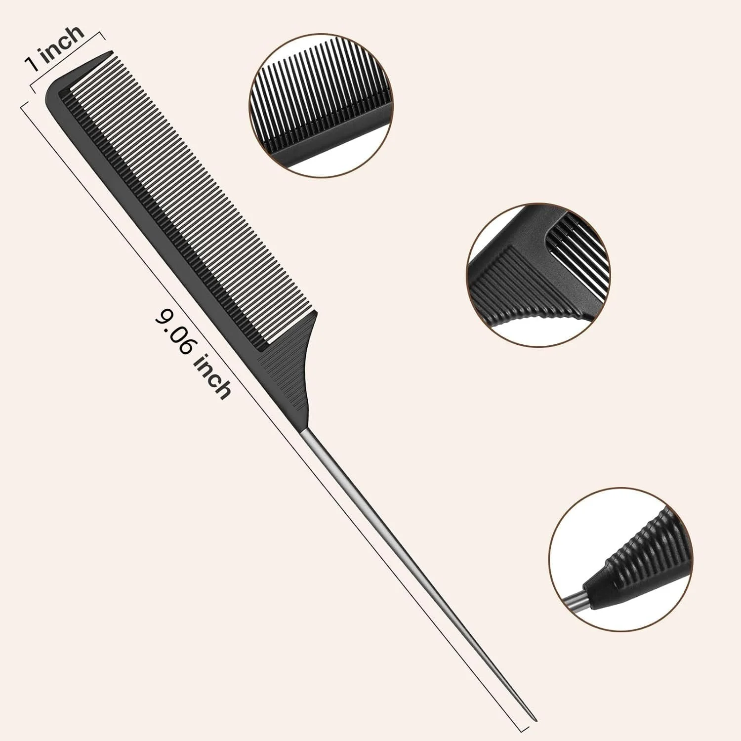 ست شانه دم باریک، شانه‌های دم موشی از جنس فیبر کربن مشکی، شانه پوش دهنده ضد الکتریسیته ساکن برای حالت دادن به مو، مناسب برای انواع مو