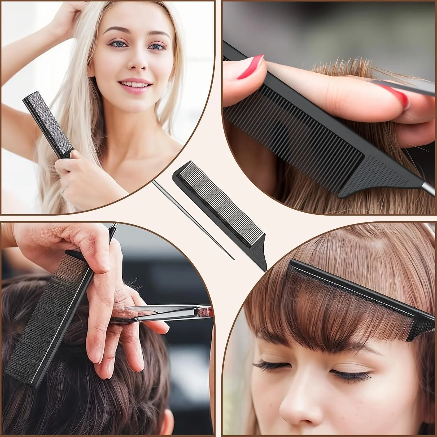 ست شانه دم باریک، شانه‌های دم موشی از جنس فیبر کربن مشکی، شانه پوش دهنده ضد الکتریسیته ساکن برای حالت دادن به مو، مناسب برای انواع مو