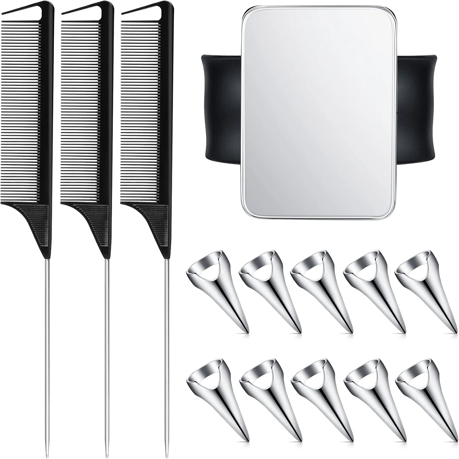 مجموعه حلقه های تقسیم مو Patelai شامل 10 عدد حلقه تقسیم مو به همراه 3 شانه بافت دم موشی فولادی، مچ بند مغناطیسی سوزن و ابزار انتخاب برای تقسیم و بافت مو (مشکی، نقره ای)