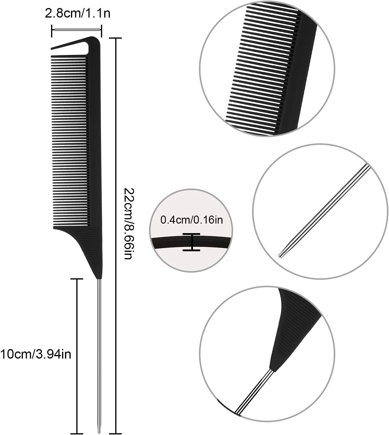 پاتلای، شانه تقسیم مو برای بافت مو، شانه دم موشی، شانه پوش دهنده، دارای دم فلزی استیل برای حالت دادن و آرایش مو (مشکی، صورتی)، 12 عدد