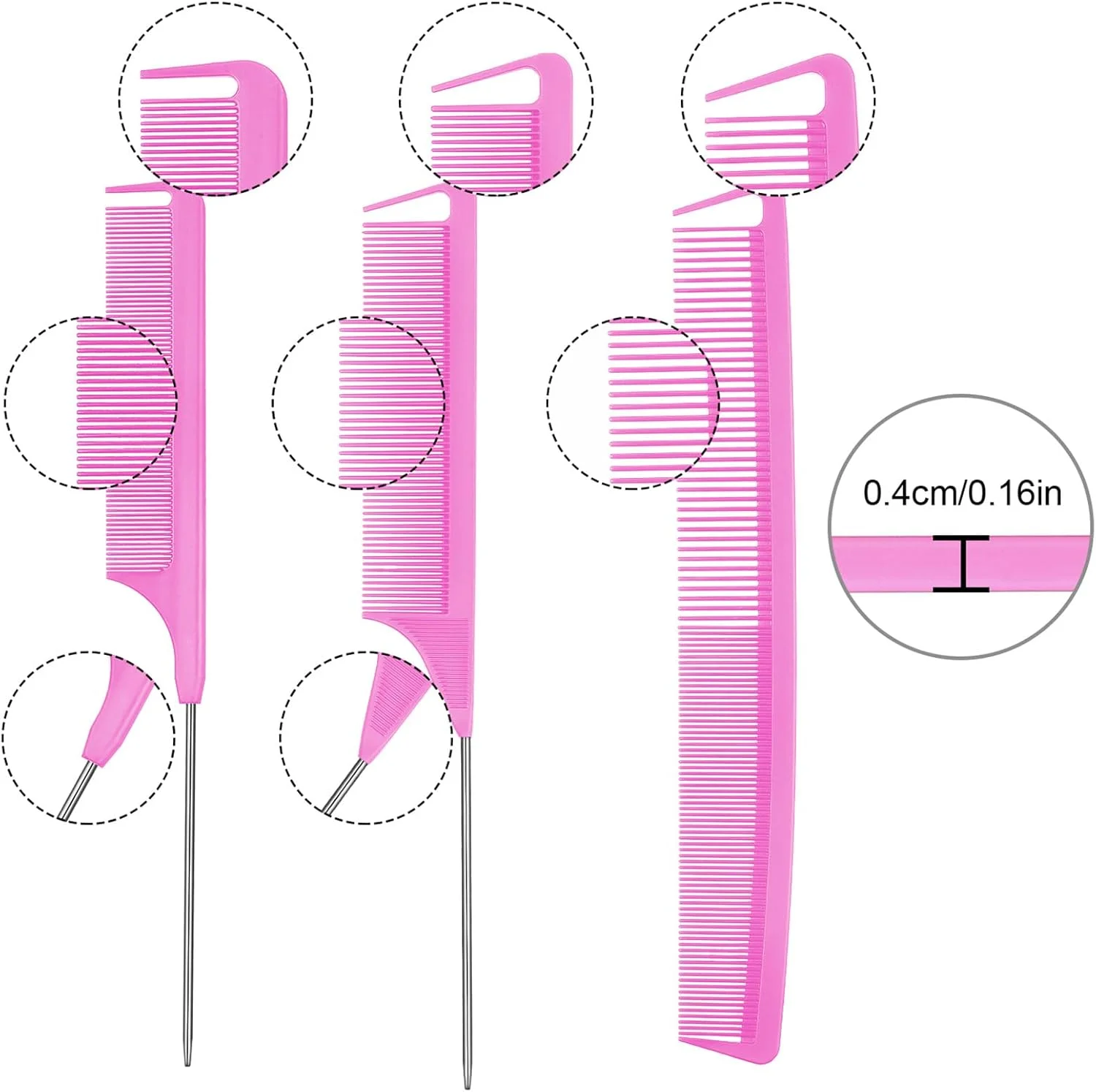 شانه تقسیم مو Patelai، 12 عدد شانه دم موشی برای بافت مو، شانه دندانه ریز مقاوم در برابر حرارت با سنجاق استیل (صورتی)