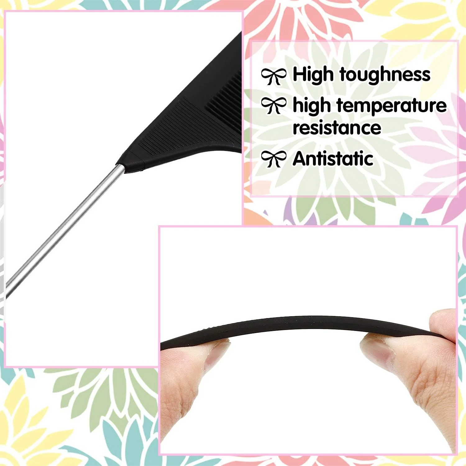 پاتلای، شانه تقسیم مو برای بافت مو، شانه دم موشی، شانه پوش دهنده، دارای دم فلزی استیل برای حالت دادن و آرایش مو (مشکی، صورتی)، 12 عدد