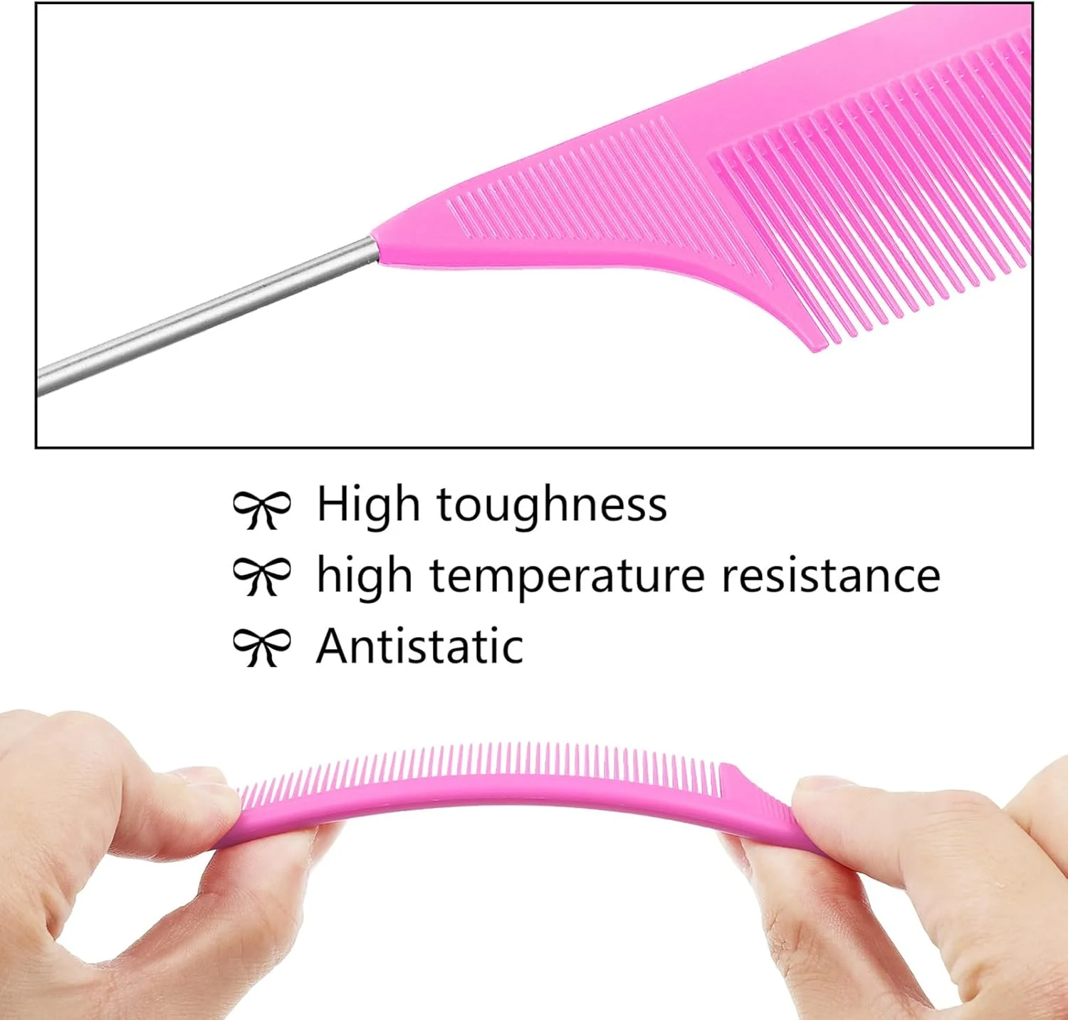 شانه تقسیم مو Patelai، 12 عدد شانه دم موشی برای بافت مو، شانه دندانه ریز مقاوم در برابر حرارت با سنجاق استیل (صورتی)