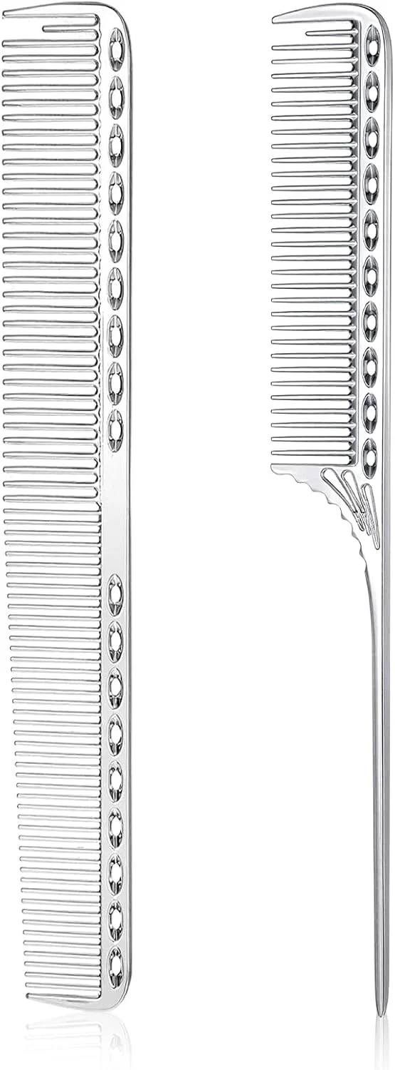 بسته 2 عددی شانه حالت دهنده مو مردانه، شانه آرایشگری، آلومینیوم فضایی استیل ضد زنگ، شانه دندانه ریز، شانه فلزی، شانه مو، شانه دسته دار حرفه ای مردانه، شانه دسته دار ضد الکتریسیته ساکن سالنی، آرایشگر