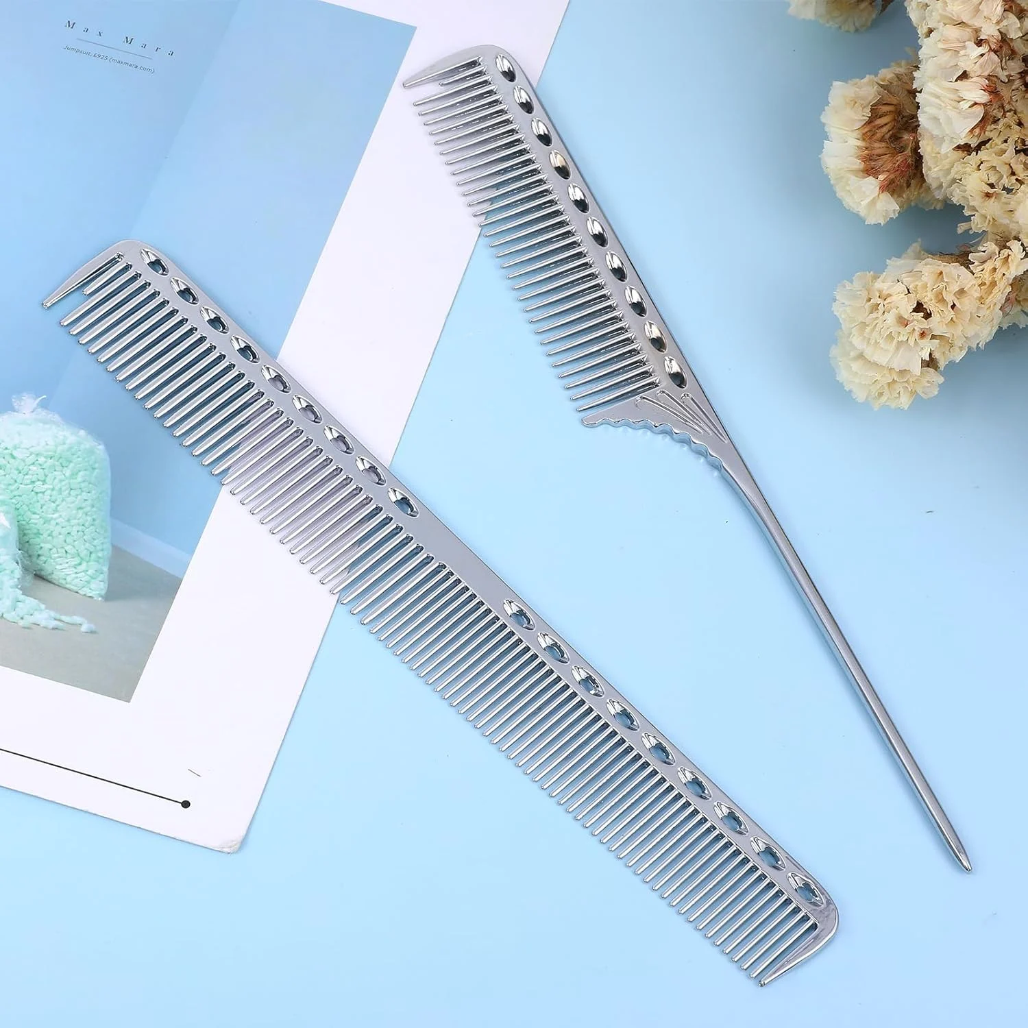 بسته 2 عددی شانه حالت دهنده مو مردانه، شانه آرایشگری، آلومینیوم فضایی استیل ضد زنگ، شانه دندانه ریز، شانه فلزی، شانه مو، شانه دسته دار حرفه ای مردانه، شانه دسته دار ضد الکتریسیته ساکن سالنی، آرایشگر