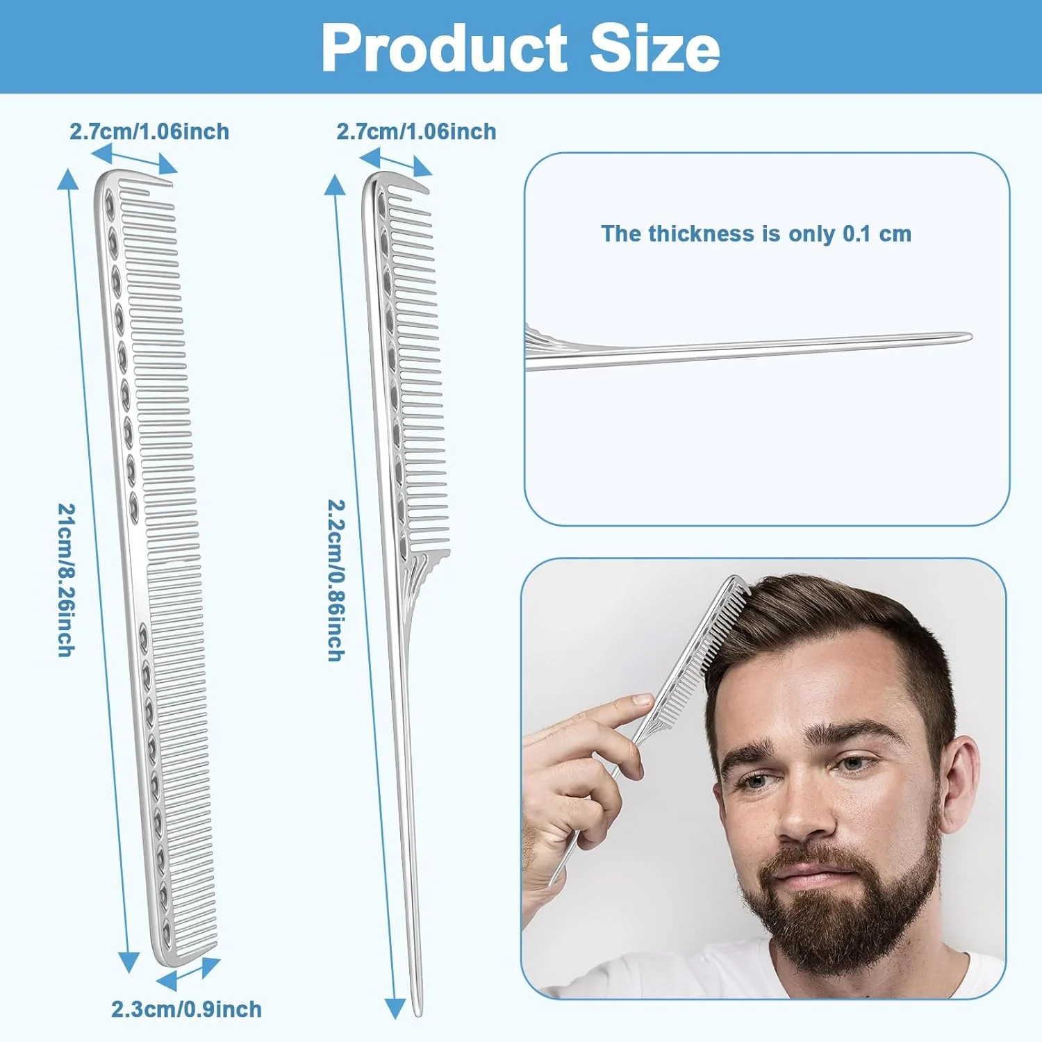 بسته 2 عددی شانه حالت دهنده مو مردانه، شانه آرایشگری، آلومینیوم فضایی استیل ضد زنگ، شانه دندانه ریز، شانه فلزی، شانه مو، شانه دسته دار حرفه ای مردانه، شانه دسته دار ضد الکتریسیته ساکن سالنی، آرایشگر