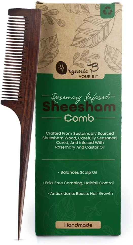 شانه چوبی دست ساز ارگانیک B، چوب شیشم طبیعی، چوب رز هندی، سبک وزن، دم موشی، ضد الکتریسیته ساکن، مناسب برای انواع مو