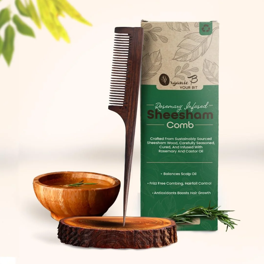 شانه چوبی دست ساز ارگانیک B، چوب شیشم طبیعی، چوب رز هندی، سبک وزن، دم موشی، ضد الکتریسیته ساکن، مناسب برای انواع مو