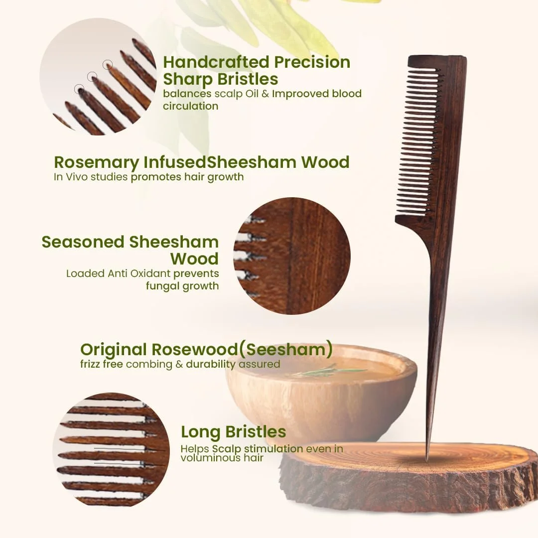 شانه چوبی دست ساز ارگانیک B، چوب شیشم طبیعی، چوب رز هندی، سبک وزن، دم موشی، ضد الکتریسیته ساکن، مناسب برای انواع مو