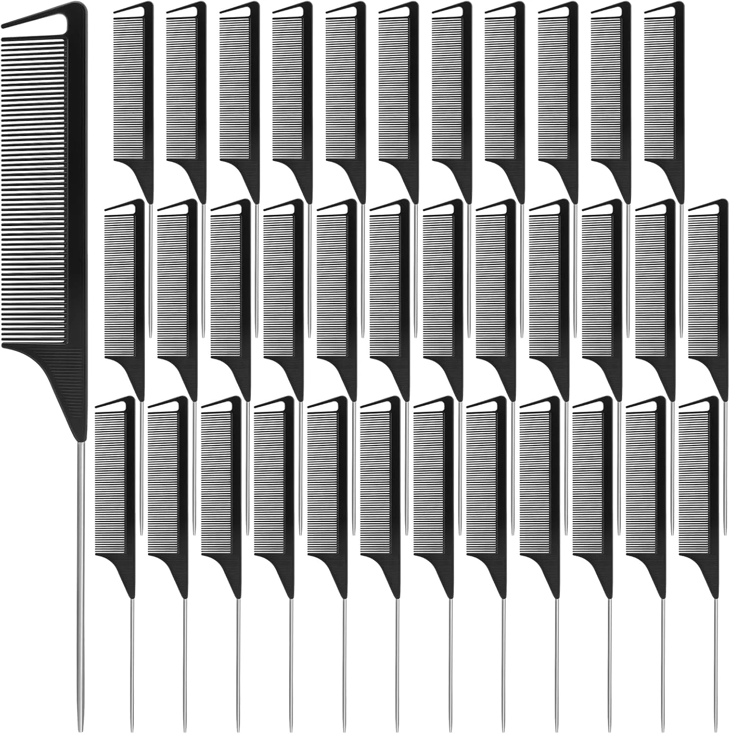 شانه تقسیم مو نیکموویچ 36 عددی، شانه دم موشی برای زنان و دختران، شانه دم باریک با پین استیل ضد زنگ، شانه های پوش دهنده ضد الکتریسیته ساکن و مقاوم در برابر حرارت برای حالت دادن به مو (مشکی)