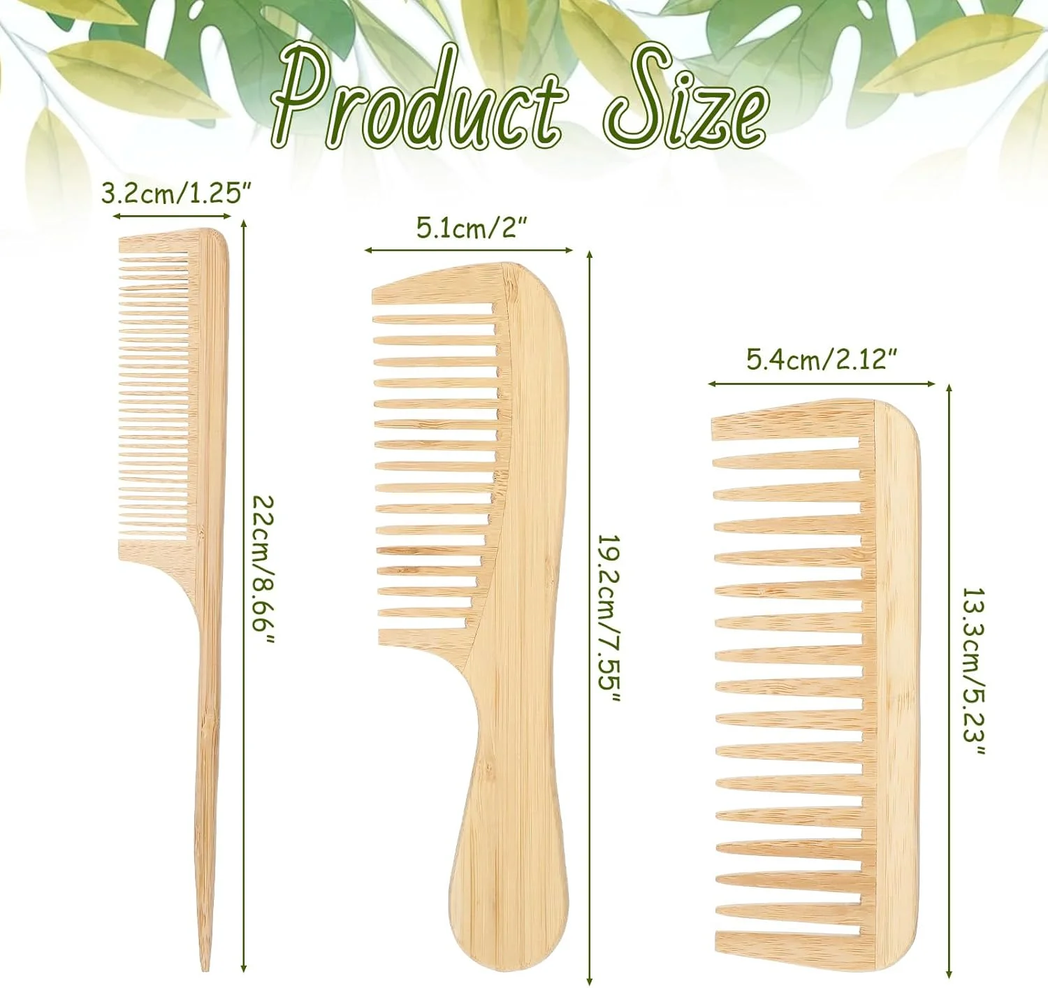 ست شانه بامبو دست ساز طبیعی ضد الکتریسیته ساکن - دندانه پهن، دم موشی و دندانه ریز، شانه های چوبی طبیعی برای مو، ریش، مناسب سفر، پرداخت شده با دست، 3 عدد