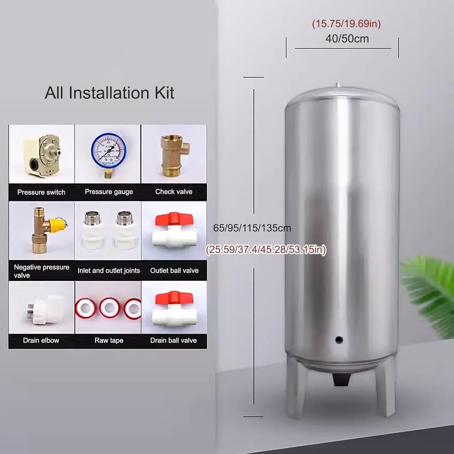 مخزن تحت فشار عمودی آب چاه، مخازن ذخیره آب استیل 304، ظروف تحت فشار با کیت نصب (200 لیتر - 50x115 سانتی متر)