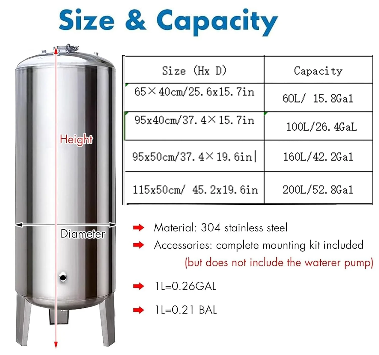مخزن آب تحت فشار عمودی 60، 100، 160، 200 لیتری برای مصارف مسکونی، کاروان، آبگرمکن، مخزن تحت فشار استیل ضد زنگ، بشکه تحت فشار (60 لیتر/16 گالن - 40x65 سانتی متر)