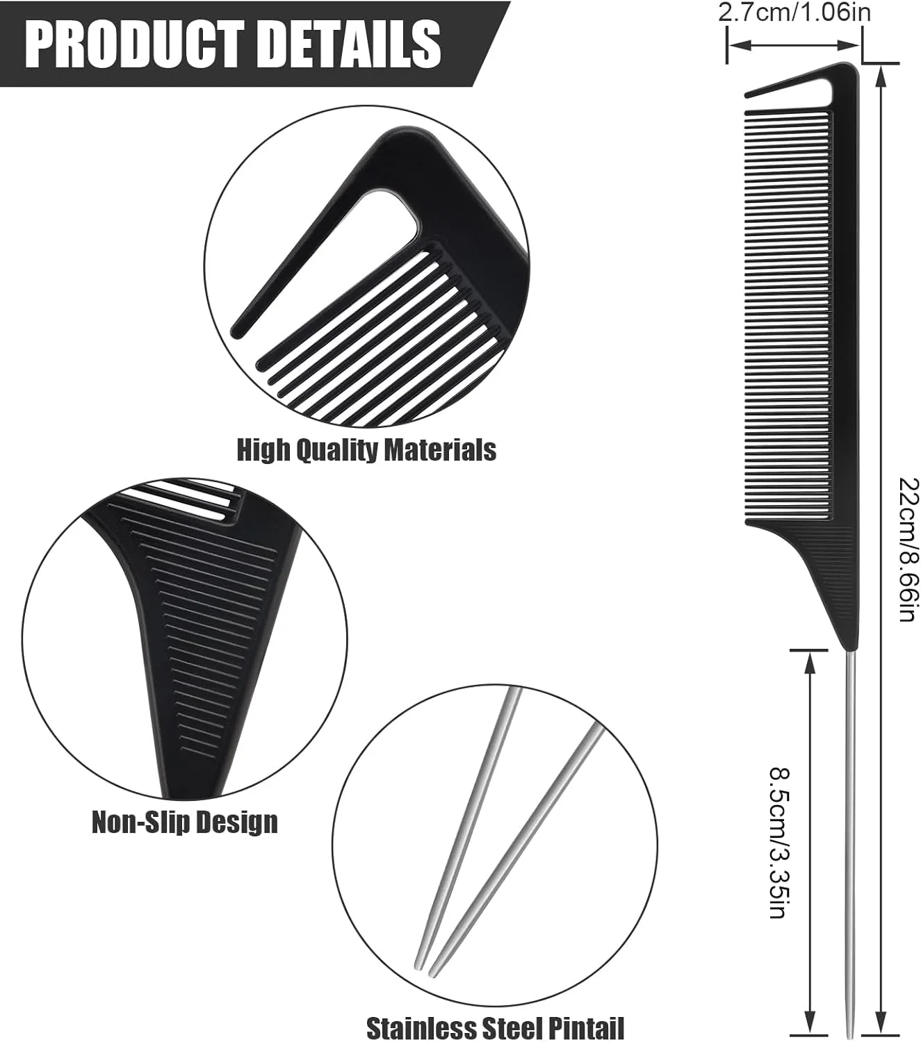 شانه تقسیم مو نیکموویچ 36 عددی، شانه دم موشی برای زنان و دختران، شانه دم باریک با پین استیل ضد زنگ، شانه های پوش دهنده ضد الکتریسیته ساکن و مقاوم در برابر حرارت برای حالت دادن به مو (مشکی)