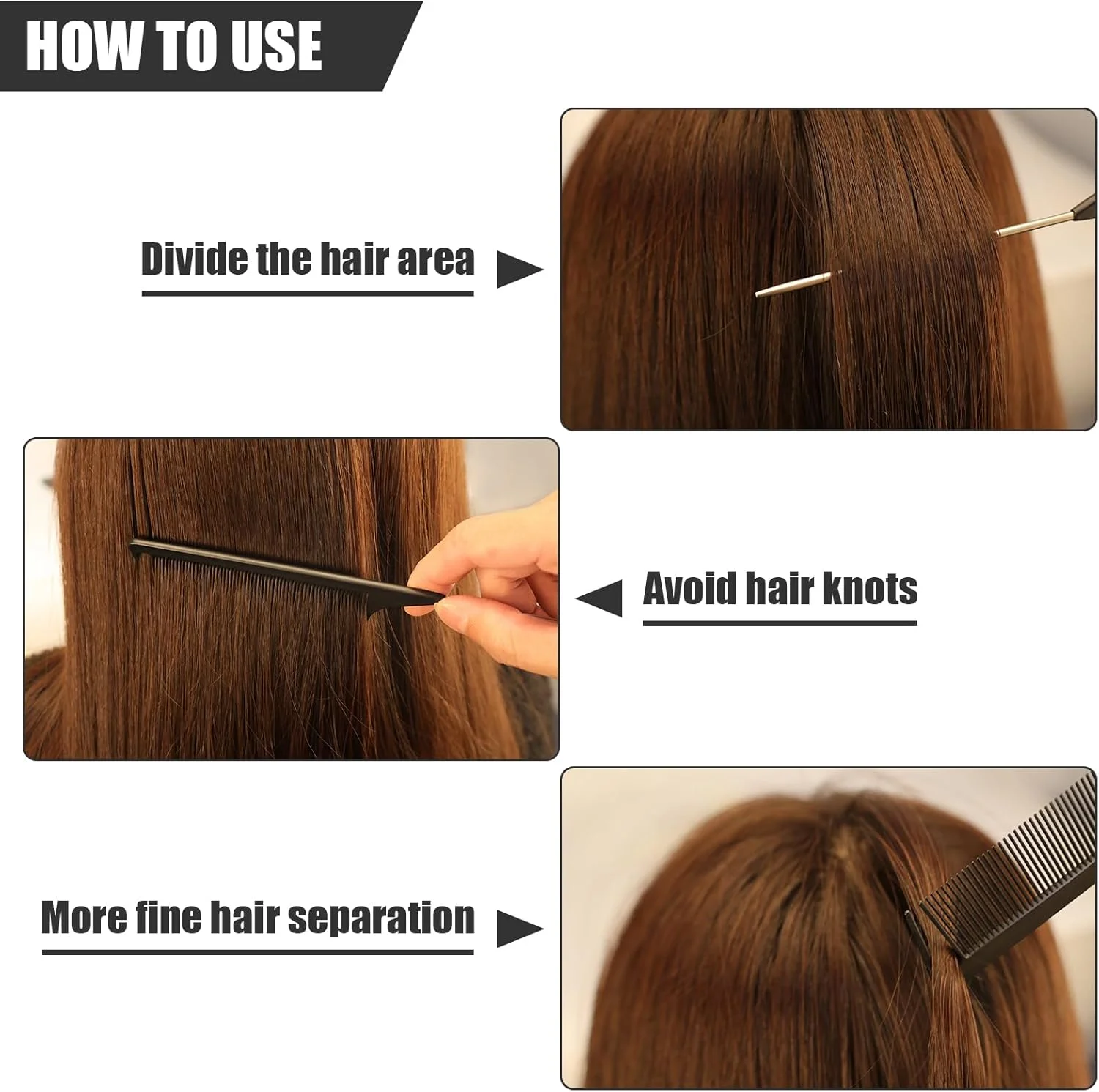 شانه فرق باز کن نیکموویک 24 عددی، شانه دم موشی برای زنان و دختران، شانه دم باریک با پین استیل ضد زنگ، شانه پوش دهنده ضد الکتریسیته ساکن و مقاوم در برابر حرارت برای حالت دادن و بافتن مو (مشکی)