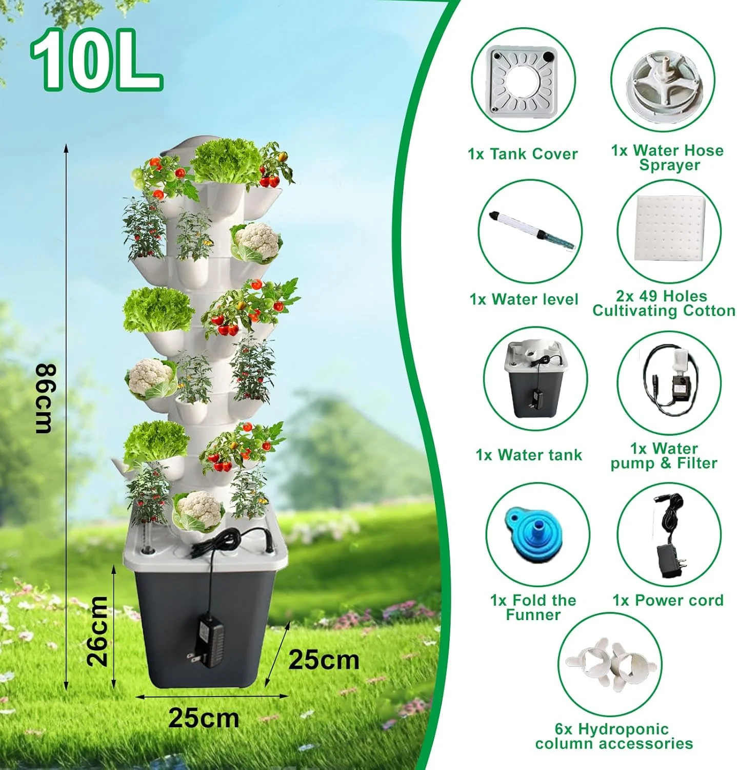 سیستم کشت هیدروپونیک YUZINO، باغ برج هیدروپونیک آیروپونیک عمودی 6 لایه 30 قسمتی برای گیاهان دارویی، میوه ها و سبزیجات داخلی با مخزن آب 10 لیتری