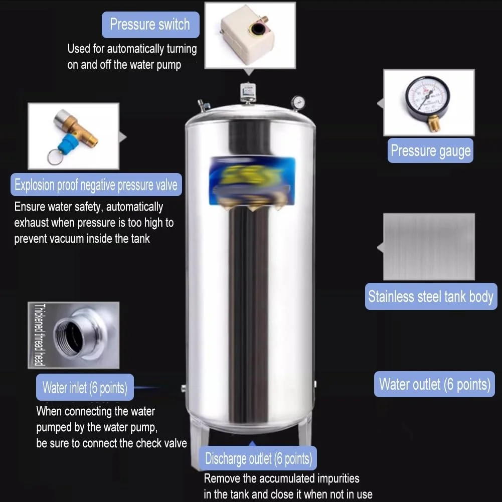 مخازن تحت فشار آب استیل ضد زنگ TODYLUCK - مخازن مثانه ای عمودی تحت فشار آب - برای سیستم چاه آب - مخزن تحت فشار برای پارک ها/مدارس/منازل (250 لیتر) (نقره ای 250 لیتر)
