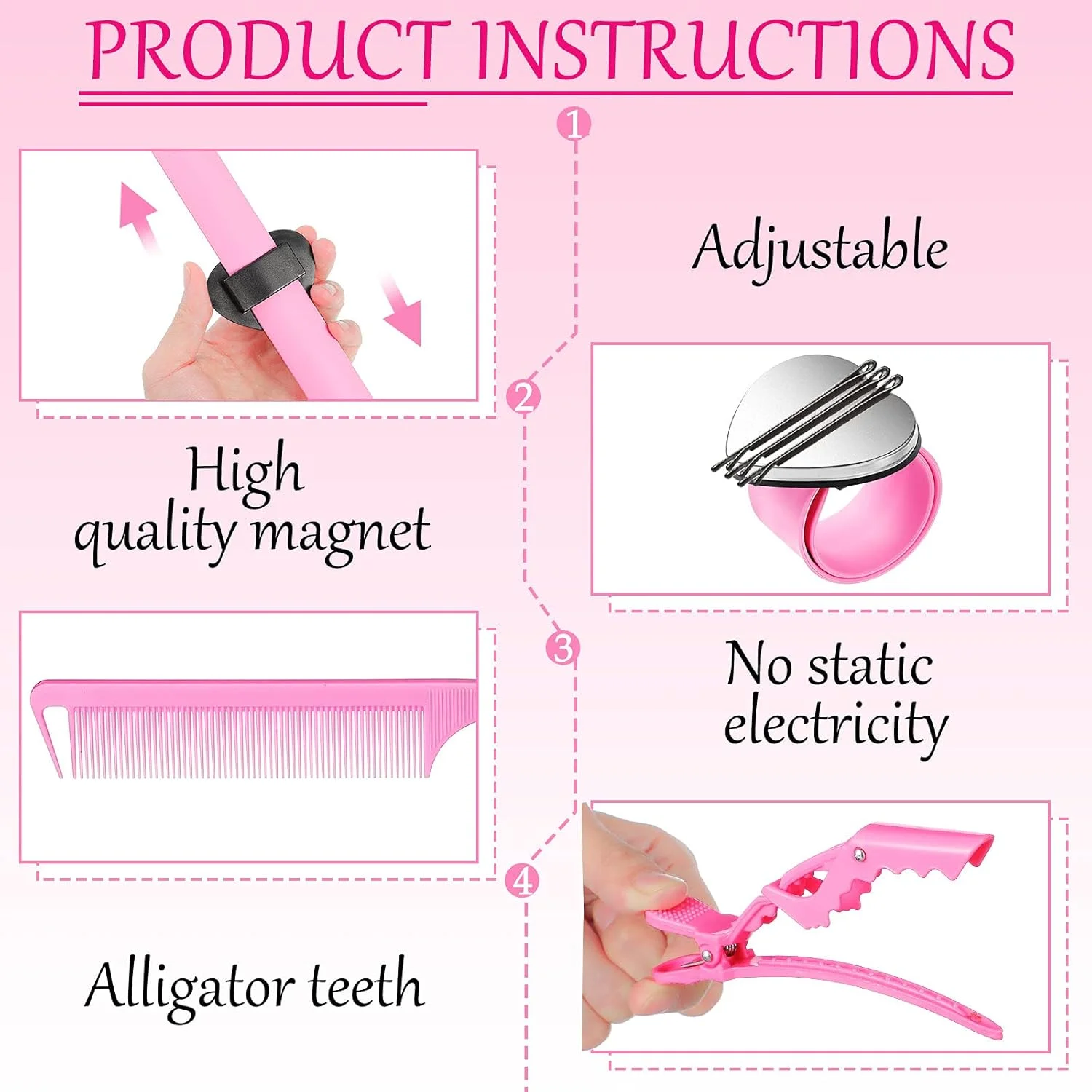 نونن ست 14 عددی مچ بند مغناطیسی سوزن ته گرد خیاطی، شانه دم باریک استیل، شانه با دندانه های پهن و گیره موی سوسماری برای بافت مو و خیاطی