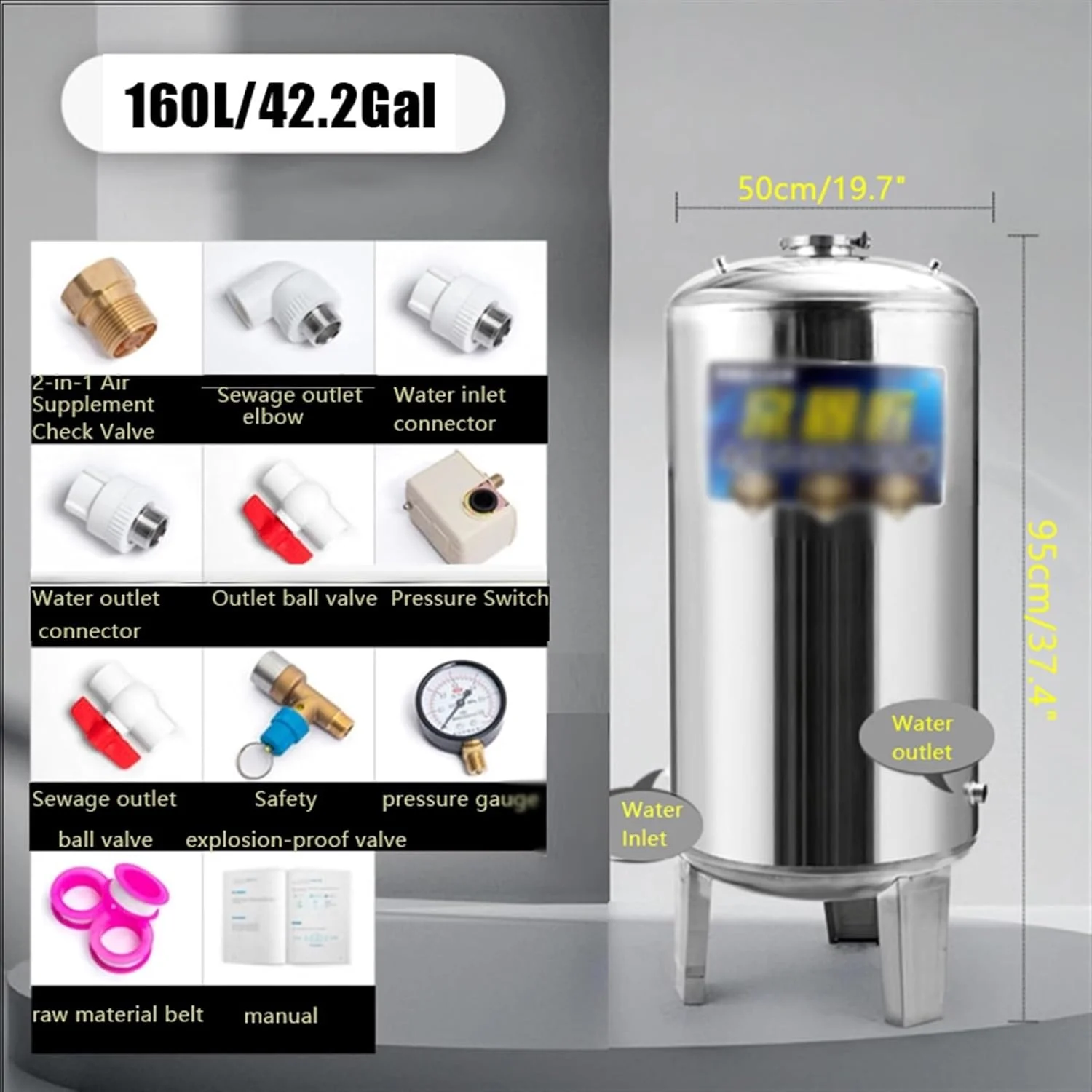 مخزن تحت فشار آب، مخازن تحت فشار آب استیل ضد زنگ 15 25 40 50 گالن برای پمپ چاه/سازماندهی آب، مخازن مثانه دستگاه آب تحت فشار عمودی (160 لیتر/42 گالن - 50x95 سانتی متر/20x37 اینچ) مخزن تحت فشار آب، مخازن تحت فشار آب استیل ضد زنگ 15 25 40 50 گالن برای پمپ چاه/سازماندهی آب، مخازن مثانه دستگاه آب تحت فشار عمودی (160 لیتر/42 گالن - 50x95 سانتی متر/20x37 اینچ)
