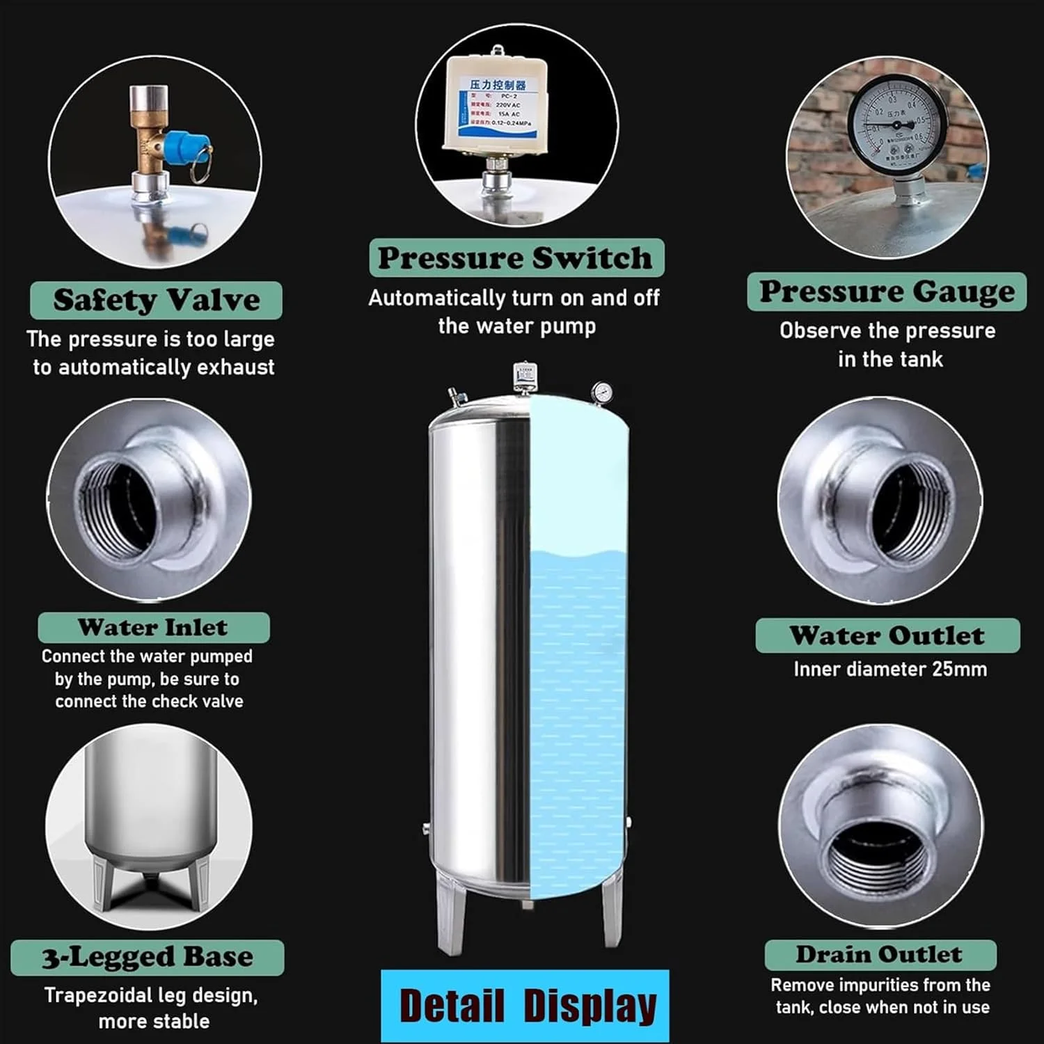 مخزن تحت فشار آب، مخازن تحت فشار آب استیل ضد زنگ 15 25 40 50 گالن برای پمپ چاه/سازماندهی آب، مخازن مثانه دستگاه آب تحت فشار عمودی (160 لیتر/42 گالن - 50x95 سانتی متر/20x37 اینچ) مخزن تحت فشار آب، مخازن تحت فشار آب استیل ضد زنگ 15 25 40 50 گالن برای پمپ چاه/سازماندهی آب، مخازن مثانه دستگاه آب تحت فشار عمودی (160 لیتر/42 گالن - 50x95 سانتی متر/20x37 اینچ)