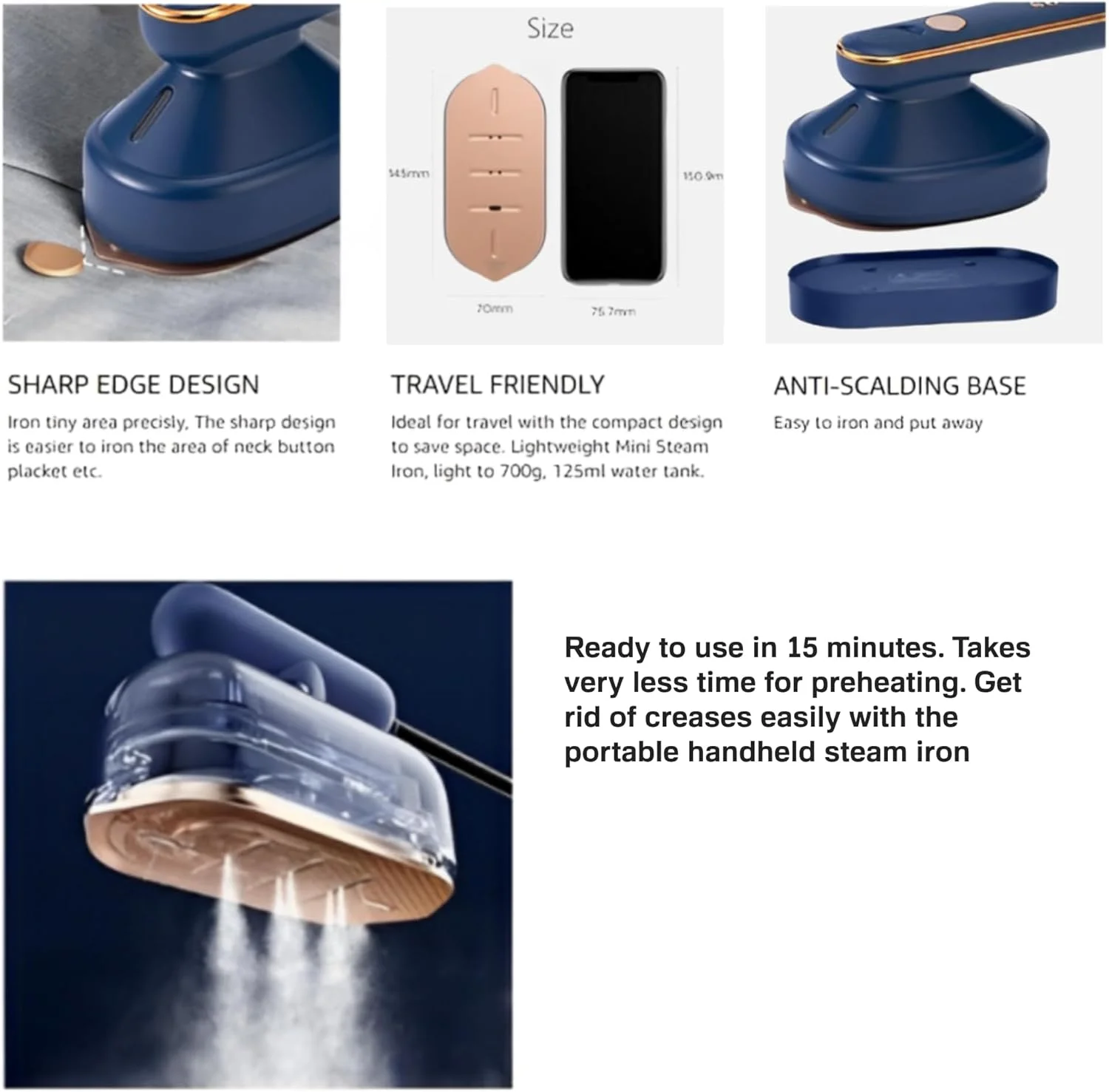 اتو بخار مسافرتی عمودی Muzna - اتو بخار کوچک و جمع و جور برای مسافرت، لحاف دوزی و خیاطی با مخزن آب 125 میلی لیتری، طراحی سبک