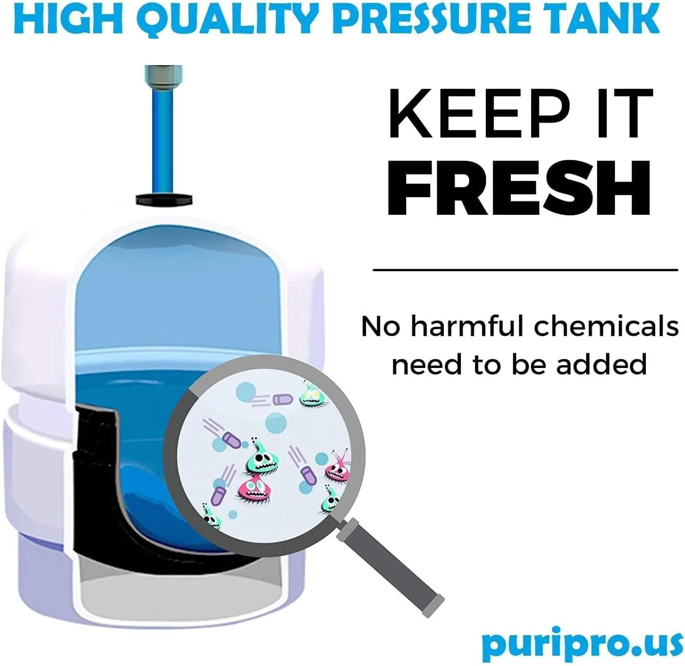 مخزن ذخیره آب پیش فشار داده شده 5 گالنی Puri Pro برای سیستم های اسمز معکوس RO، سفید به همراه شیر توپی مخزن و نوار تفلون رایگان