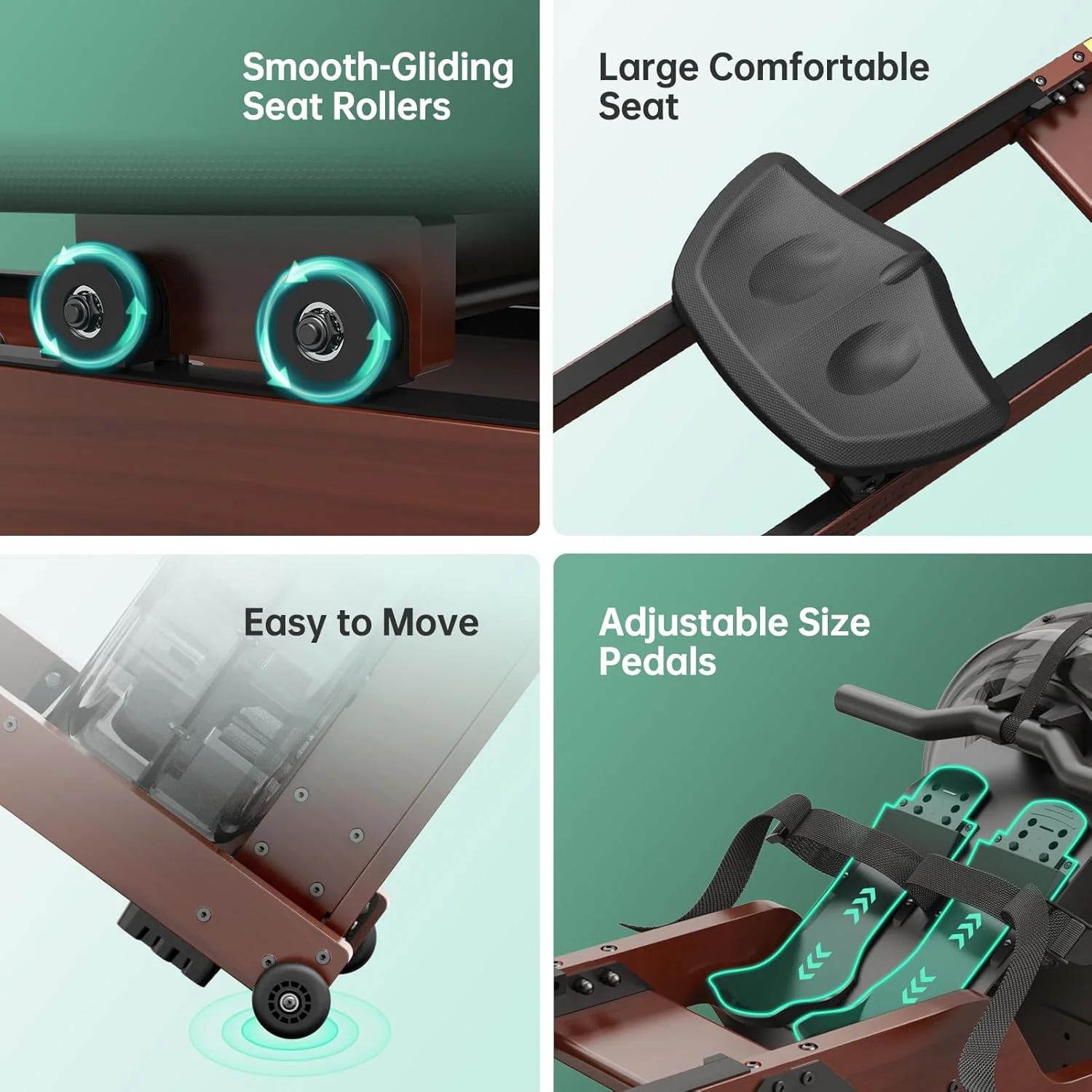 دستگاه روئینگ آبی JOROTO برای استفاده خانگی، دستگاه روئینگ تاشو چوبی بلوط با مخزن آب بزرگ، ظرفیت وزن 350 پوند، مانیتور بلوتوث، نگهدارنده تبلت