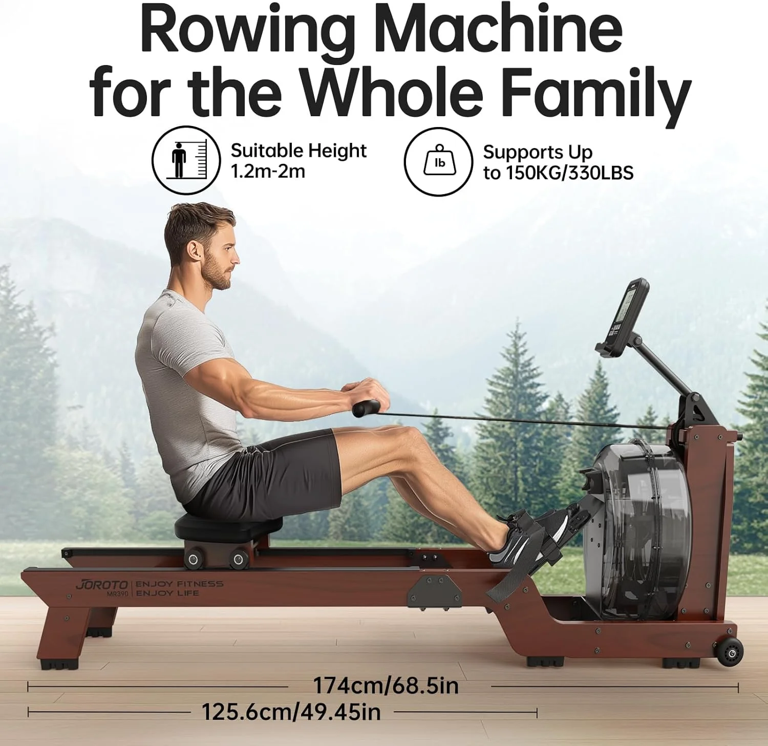 دستگاه روئینگ آبی JOROTO برای استفاده خانگی، دستگاه روئینگ تاشو چوبی بلوط با مخزن آب بزرگ، ظرفیت وزن 350 پوند، مانیتور بلوتوث، نگهدارنده تبلت