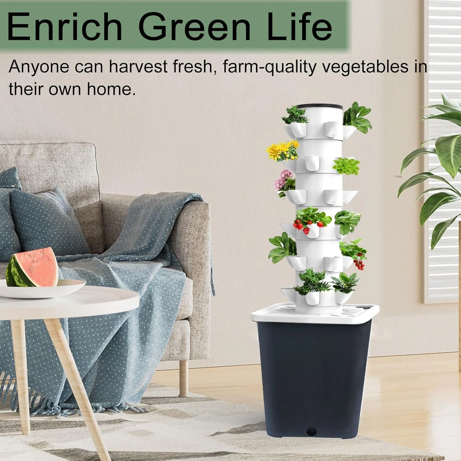 سیستم هیدروپونیک برج JPWDDWYT، سیستم کشت داخلی، گلدان باغ عمودی، کیت باغ هوشمند داخلی با پمپ و مخزن آب متحرک، هدیه گیاه سبزیجات برای دوستداران باغبانی (30 گیاه)
