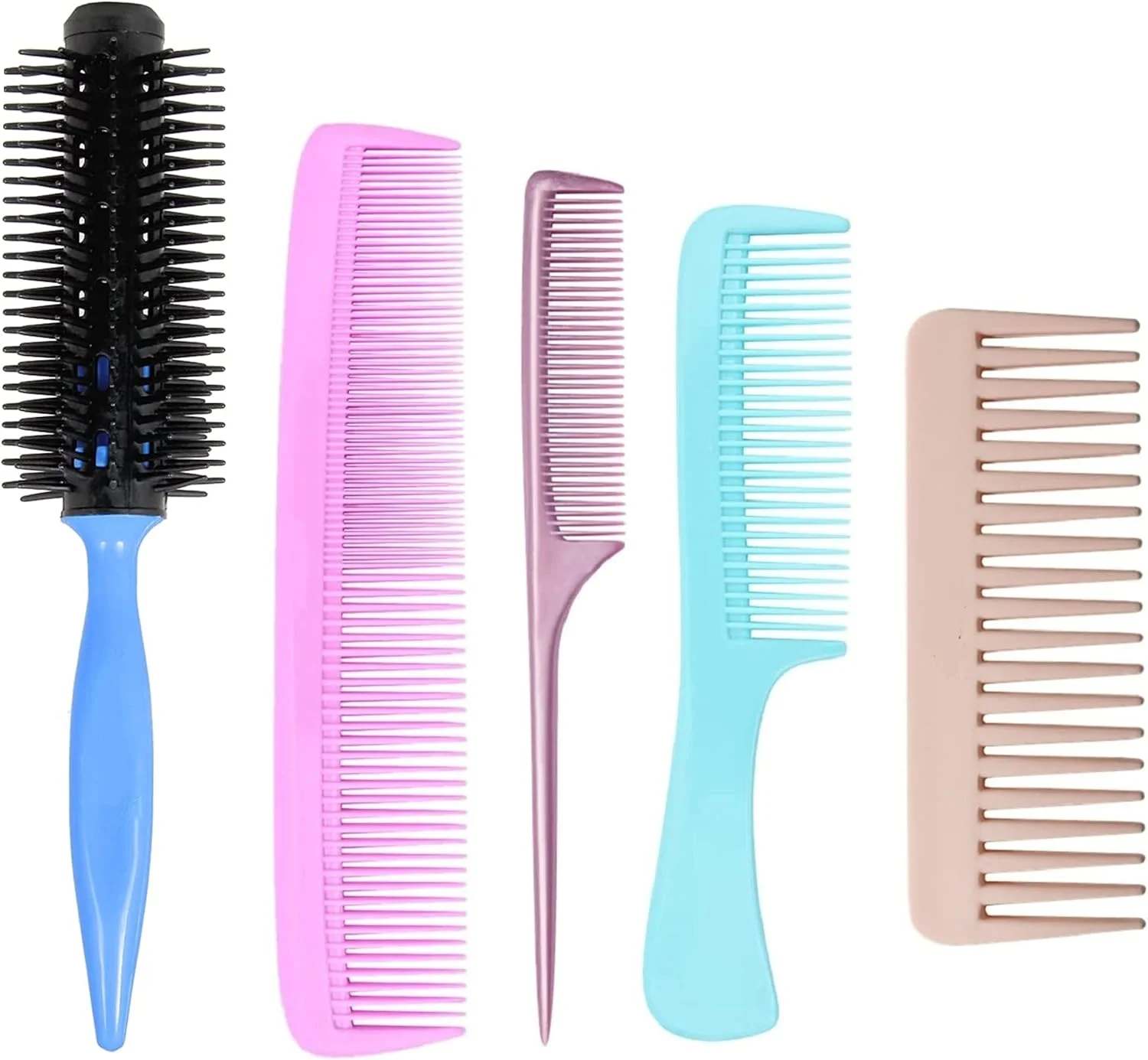 Maple Women's 5 PCS Hair Stylists Professional Styling Comb Set With Round Hair Brush & Fine Tooth Rat Tail Wide Teeth Long Handle Dressing Combs (COMBO PACK)