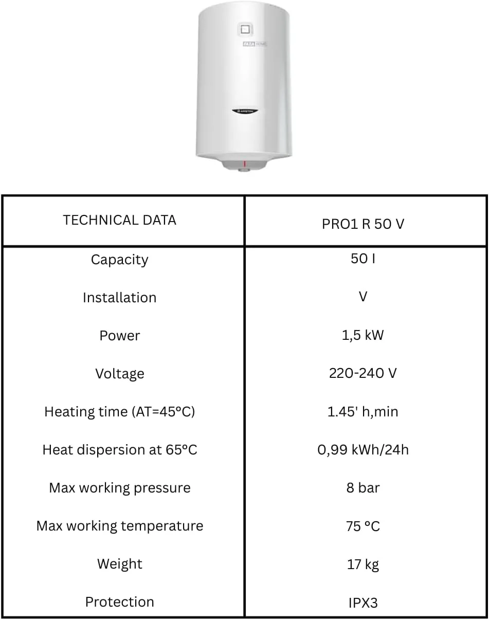 Water Heater Ariston Electric Water Heater Made In Italy Horizontal & Vertical Easy Maintenance, External Temperature Regulation, Enameled Steel Tank - KYLAQ (VERTICAL, 50 LTR,PRO-R)
