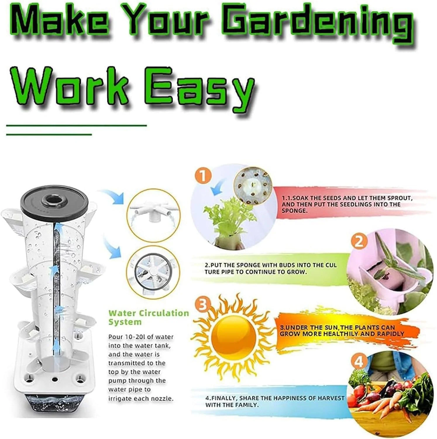 سیستم هیدروپونیک برجی 10 15 20 25 30، سیستم رشد هیدروپونیک باغ عمودی، مخزن آب با ظرفیت بزرگ 10 لیتری، برای گیاهان دارویی، میوه ها، سبزیجات، گل ها، با پمپ آب، 10 سوراخ