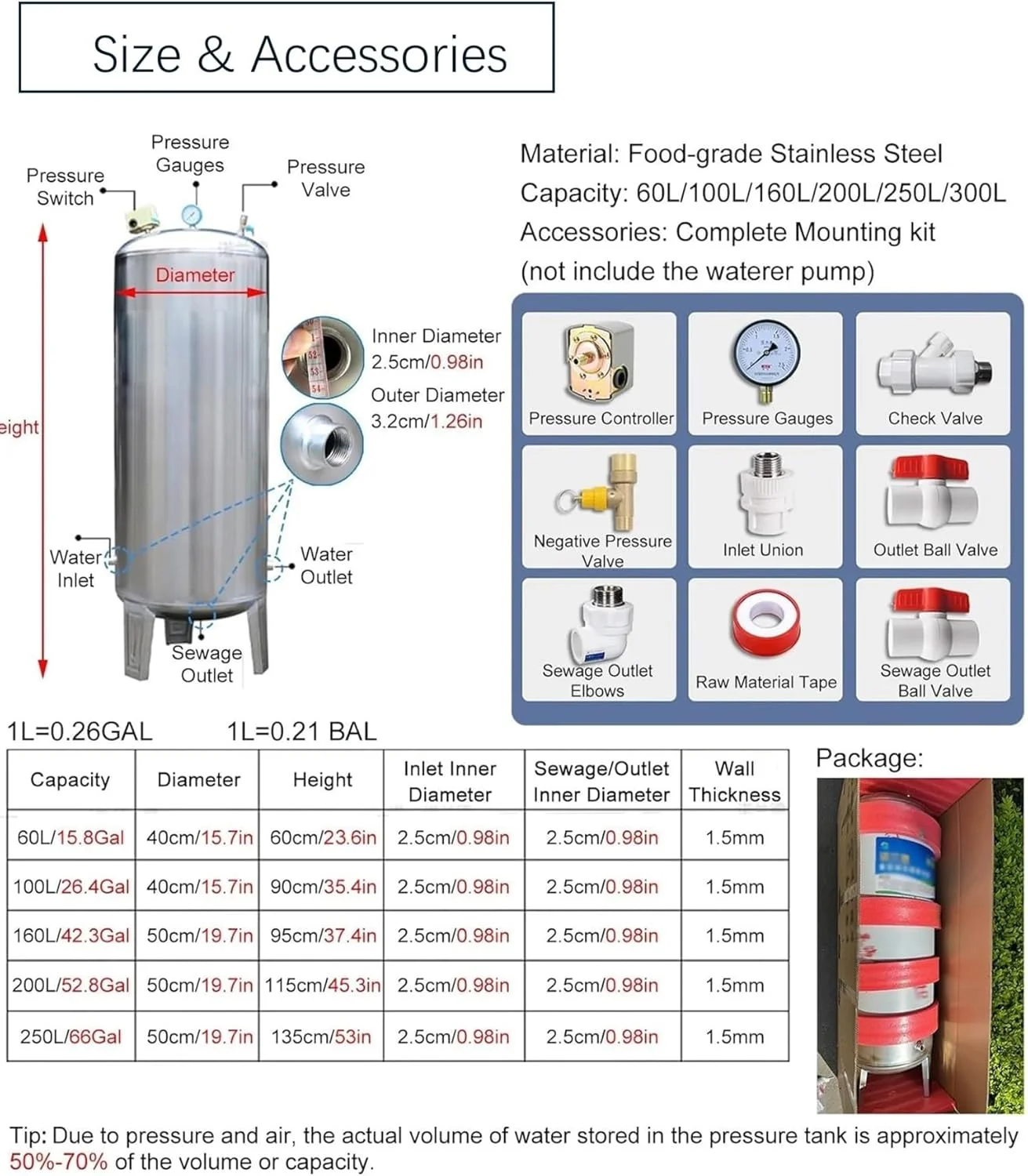 مخزن آب 20 30 40 50 60 80 گالن - مخزن ذخیره آب با ظرفیت بزرگ، مخازن تحت فشار استیل ضد زنگ سنگین عمودی، برای خانه، باغ، مزرعه، آشپزخانه، گاراژ (200 لیتر/52.8 گالن - 45x20 اینچ)