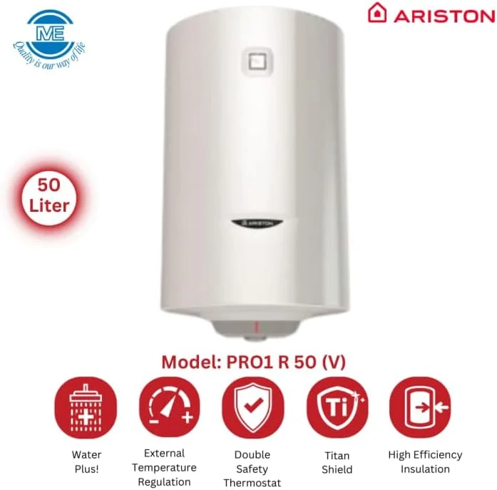 Water Heater Ariston Electric Water Heater Made In Italy Horizontal & Vertical Easy Maintenance, External Temperature Regulation, Enameled Steel Tank - KYLAQ (VERTICAL, 50 LTR,PRO-R)