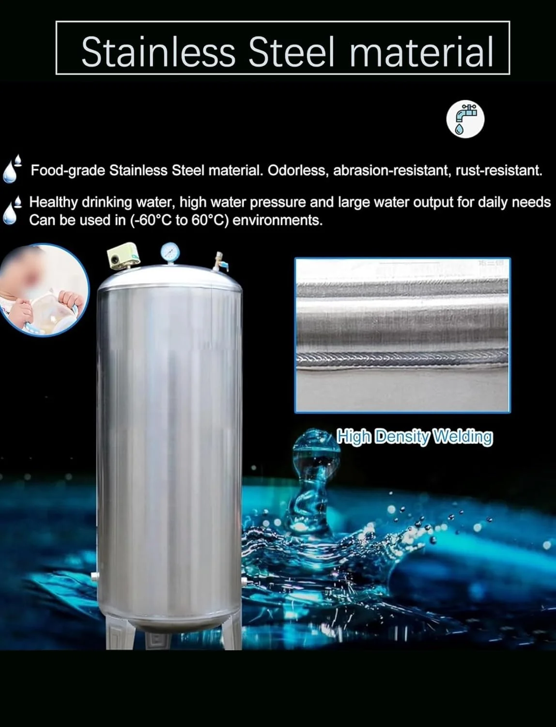 مخزن آب 20 30 40 50 60 80 گالن - مخزن ذخیره آب با ظرفیت بزرگ، مخازن تحت فشار استیل ضد زنگ سنگین عمودی، برای خانه، باغ، مزرعه، آشپزخانه، گاراژ (200 لیتر/52.8 گالن - 45x20 اینچ)