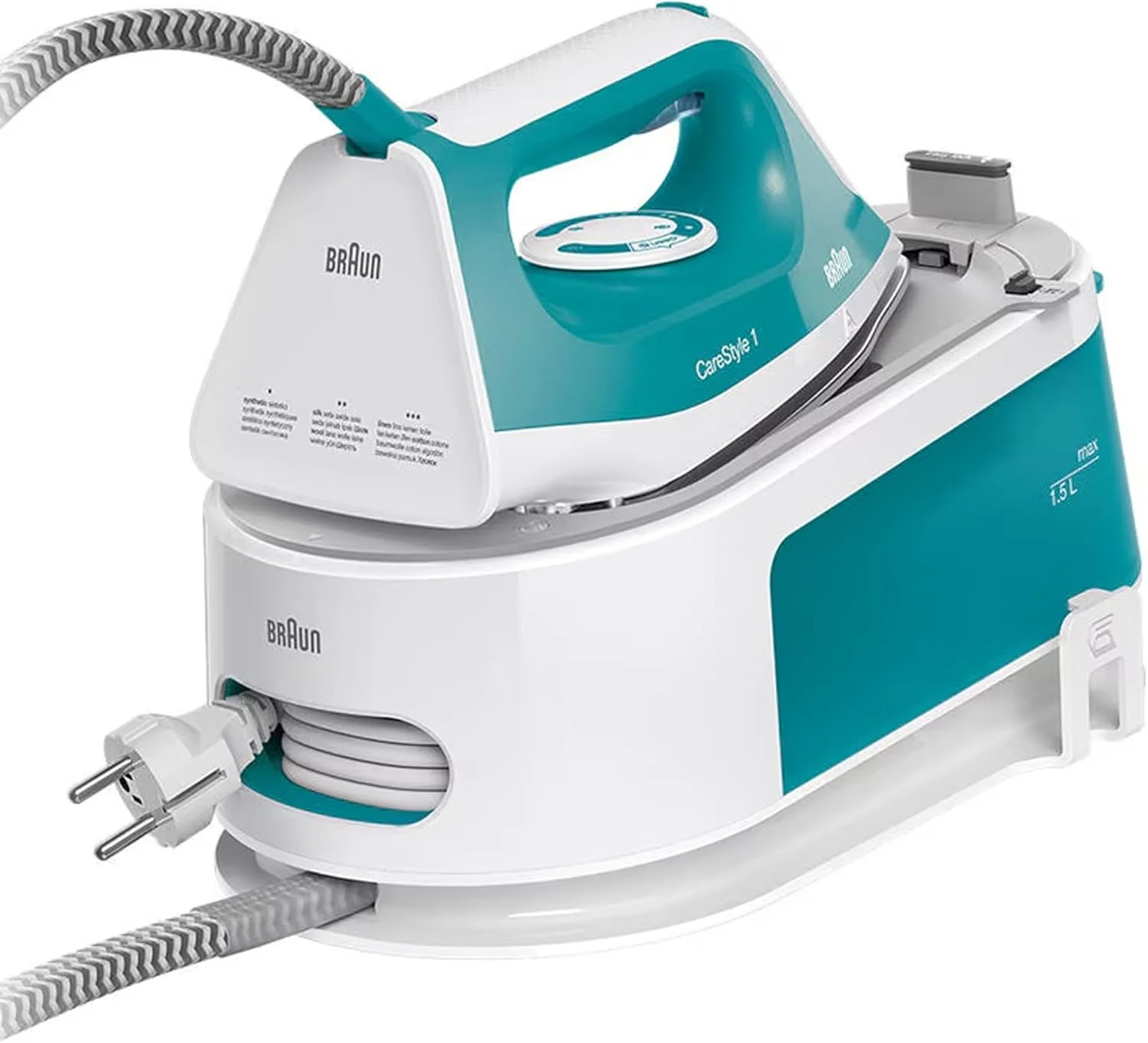 Braun CareStyle 1 Steam Generator Iron, Vertical Steaming, 2200 Watts, 1.5L Water Tank, Double Steam, 4 Precision Settings, 6 Bar pressure, IS 1013 White/Turquoise Braun CareStyle 1 Steam Generator Iron, Vertical Steaming, 2200 Watts, 1.5L Water Tank, Double Steam, 4 Precision Settings, 6 Bar pressure, IS 1013 White/Turquoise