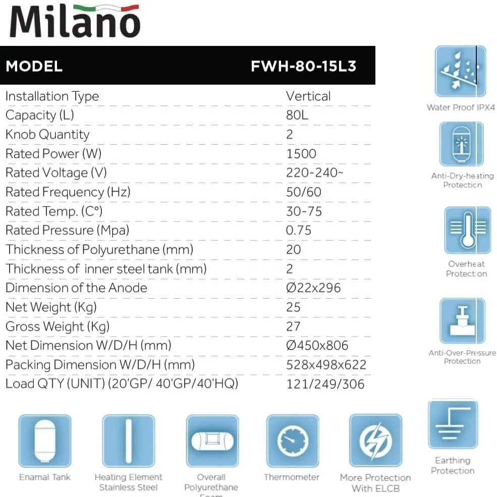 Danube Home Milano Electric Water Heater Vertical - 80 Ltr Danube Home Milano Electric Water Heater Vertical - 80 Ltr