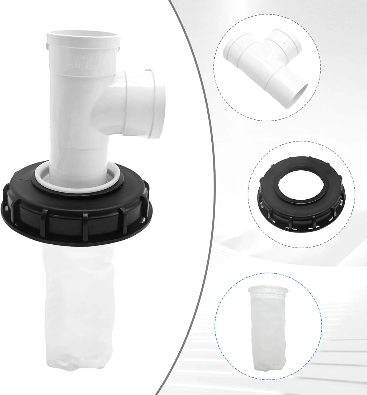 درب مخزن آی بی سی EATAKWARD عمودی T شکل 165 میلی متری با فیلتر نایلونی برای مخازن آب 1000 لیتری، سه راهی عمودی 457 گرمی DN150-165 میلی متری با فیلتر (T عمودی)