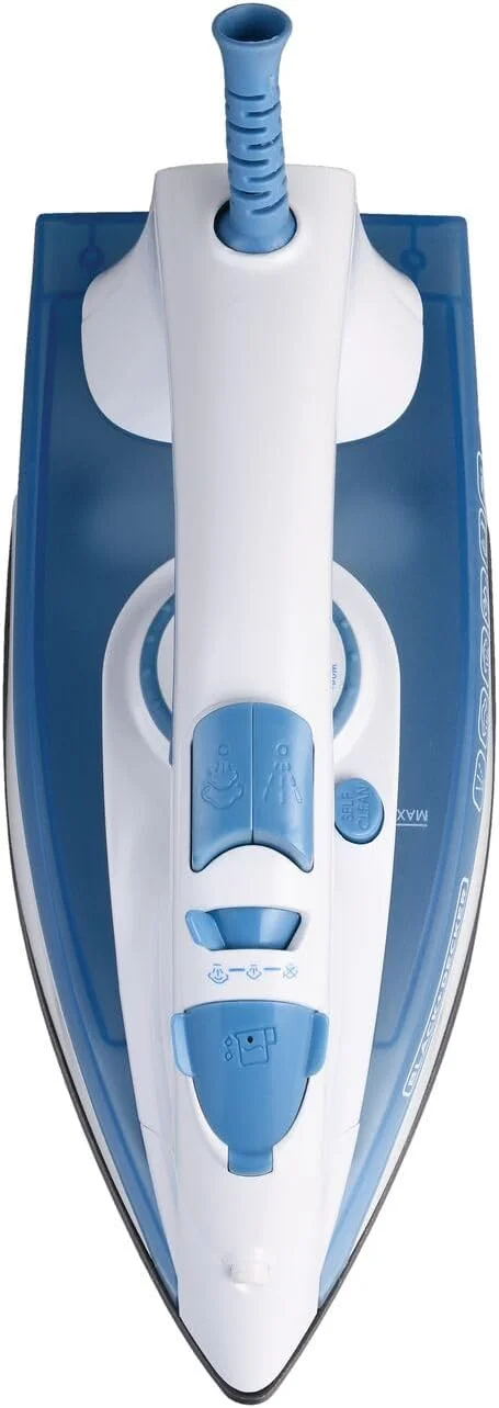 اتو بخار 2000 وات بلک اند دکر، کفی سرامیکی، بخار مداوم 25 گرم در دقیقه، تقویت بخار 90 گرم، بخار عمودی، خود تمیز شونده، ضد چکه، مخزن آب 300 میلی لیتر، آبی، X2000-B5