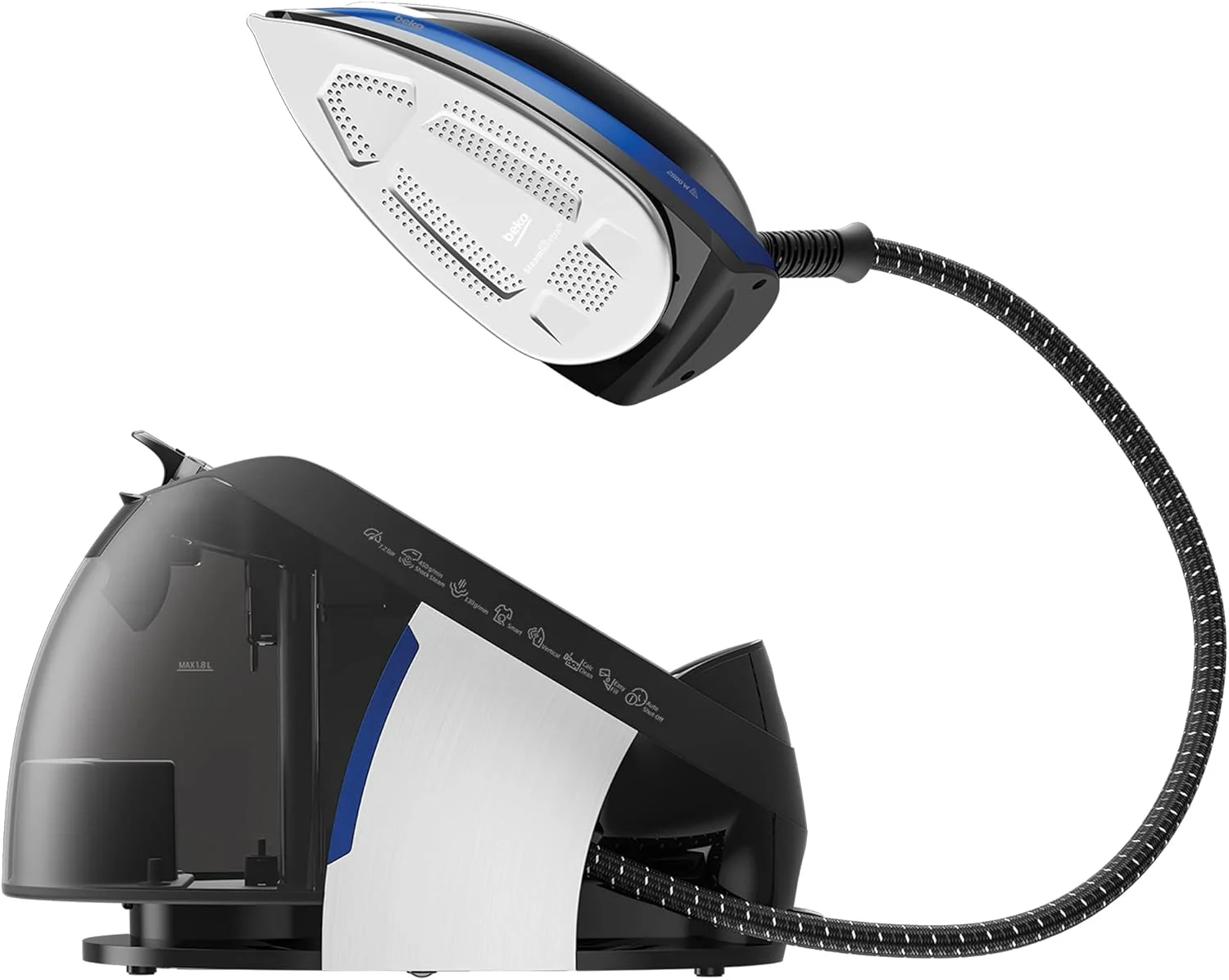 اتو بخار مخزن دار دیجیتال بکو، 2800 وات، مخزن آب 1.8 لیتری، فشار 7.2 بار، ضد چکه، سیستم ضد رسوب، نمایشگر دیجیتال، بخار عمودی SGA8328B - آبی