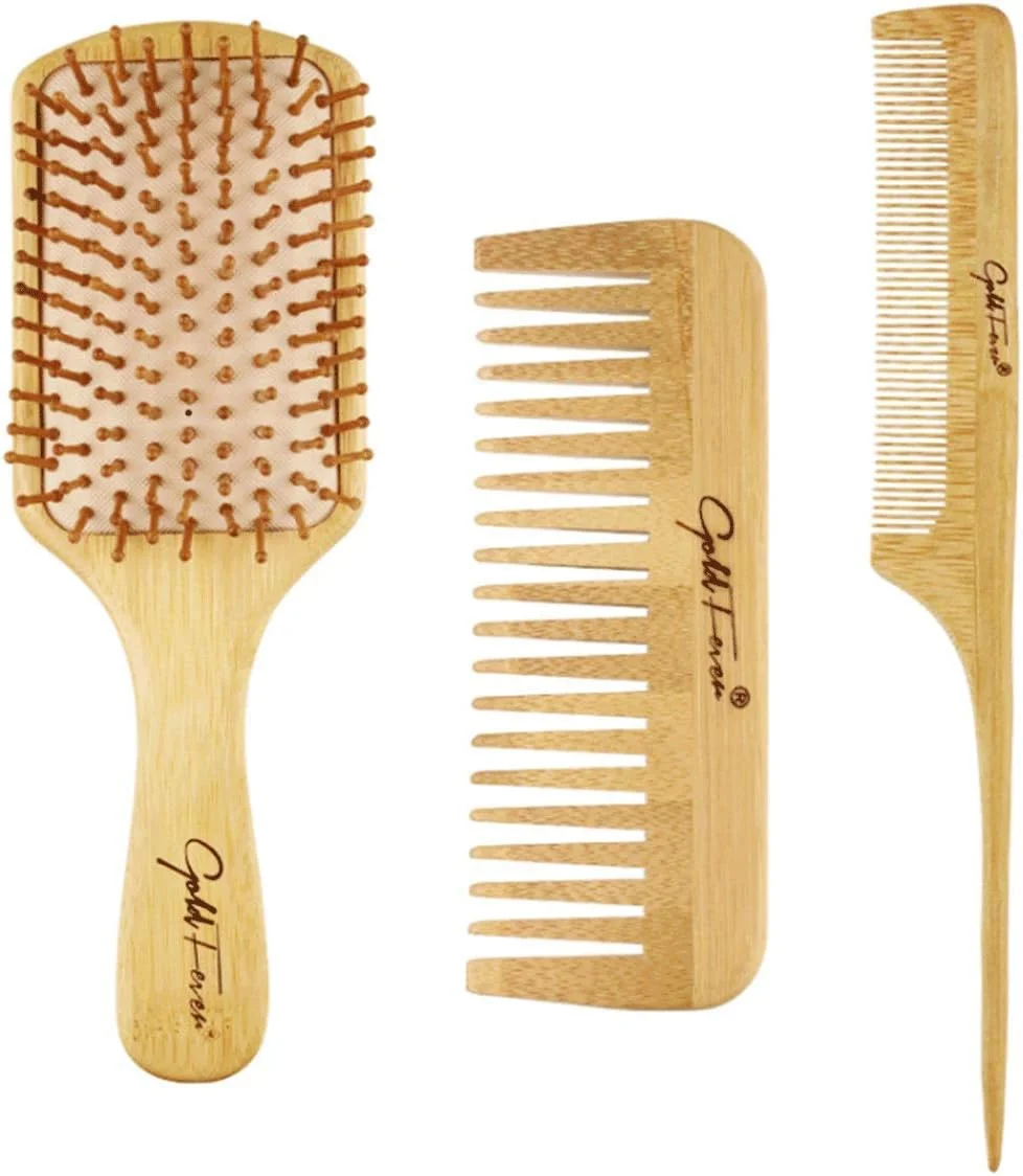 ست شانه بامبو طبیعی LELE شامل برس مو ماساژ چوبی با شانه دندانه پهن و شانه حالت دهنده برای زنان، مردان و کودکان - کاهش وز مو و ماساژ پوست سر
