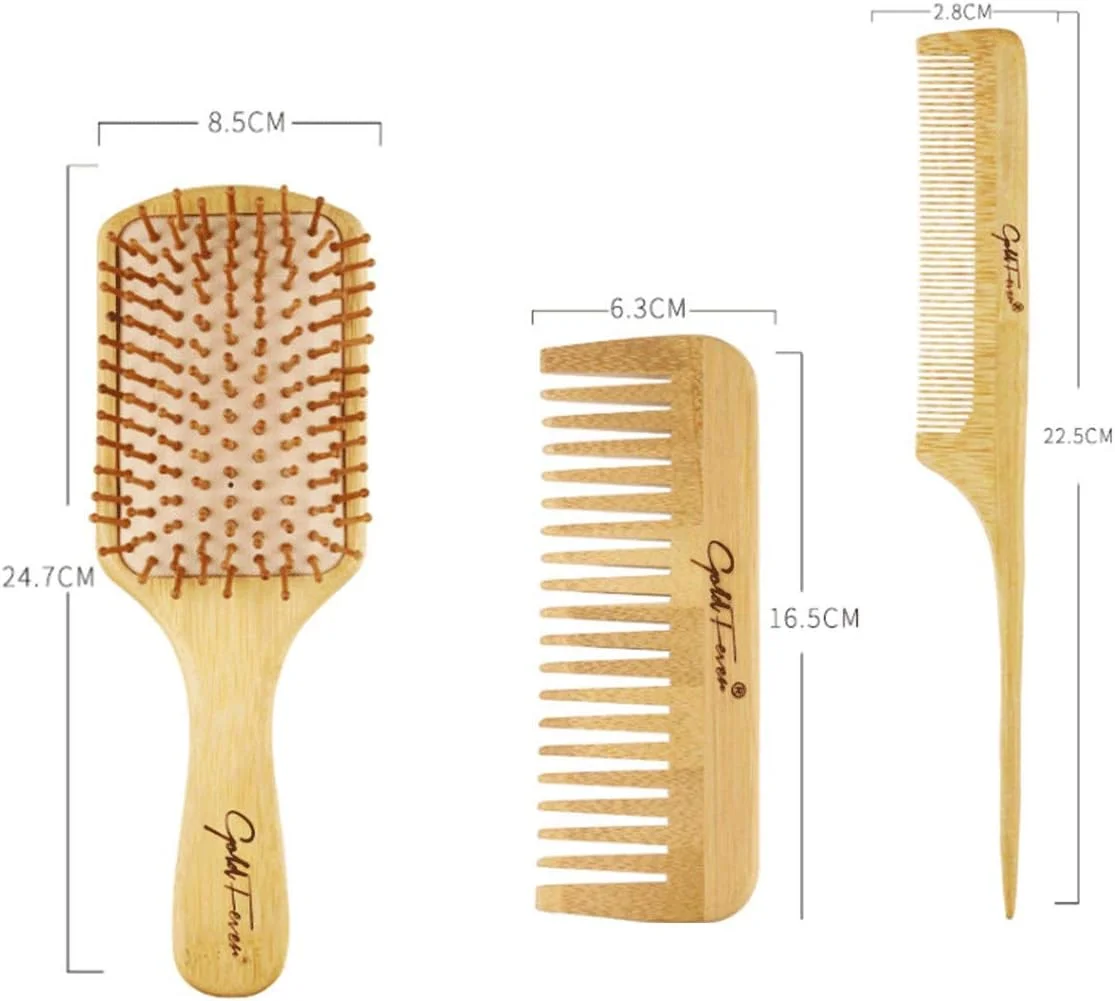 ست شانه بامبو طبیعی LELE شامل برس مو ماساژ چوبی با شانه دندانه پهن و شانه حالت دهنده برای زنان، مردان و کودکان - کاهش وز مو و ماساژ پوست سر