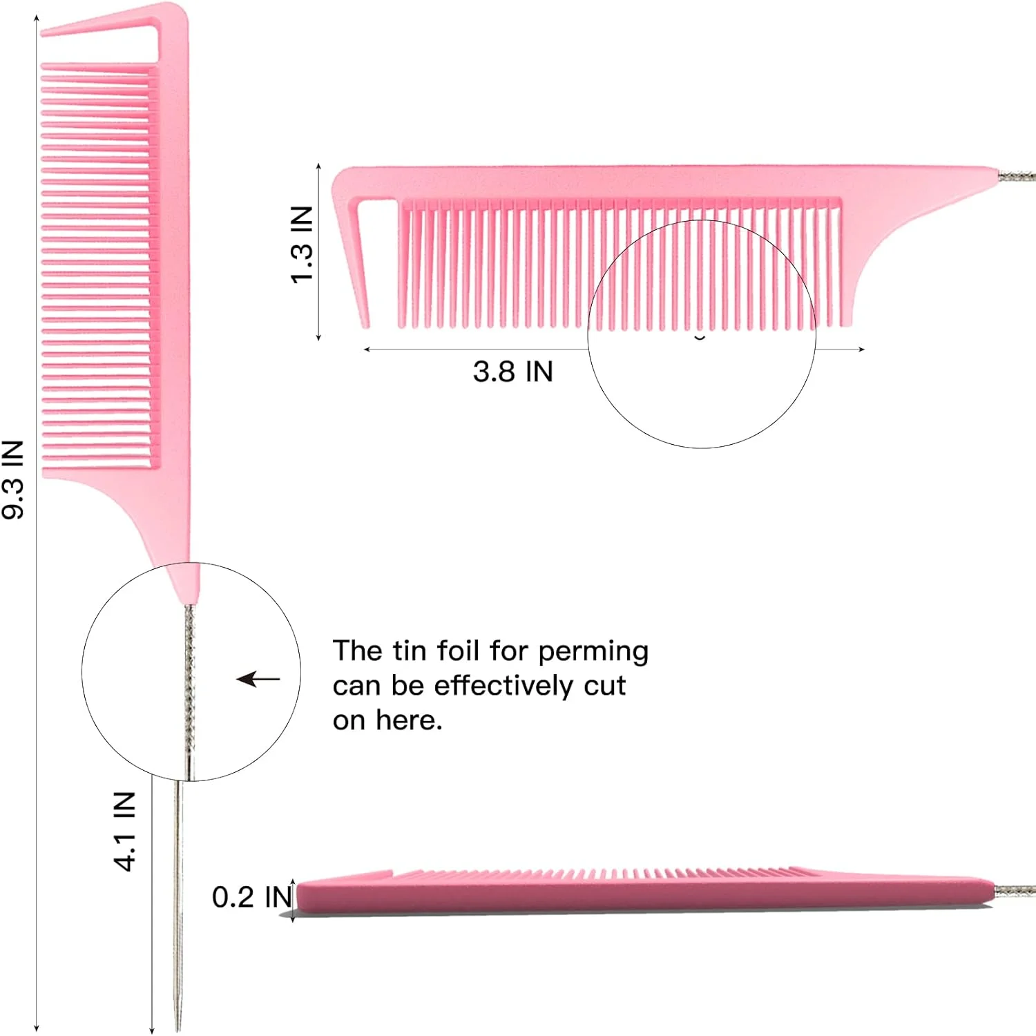 شانه دم موشی 23.6 سانتی‌متری LLTGMV برای آرایشگر مو، شانه‌های جداکننده مو برای بافت مو، شانه دم باریک با پین فلزی استیل ضد زنگ برای قسمت‌بندی، پوش دادن و حالت دادن مو (صورتی)