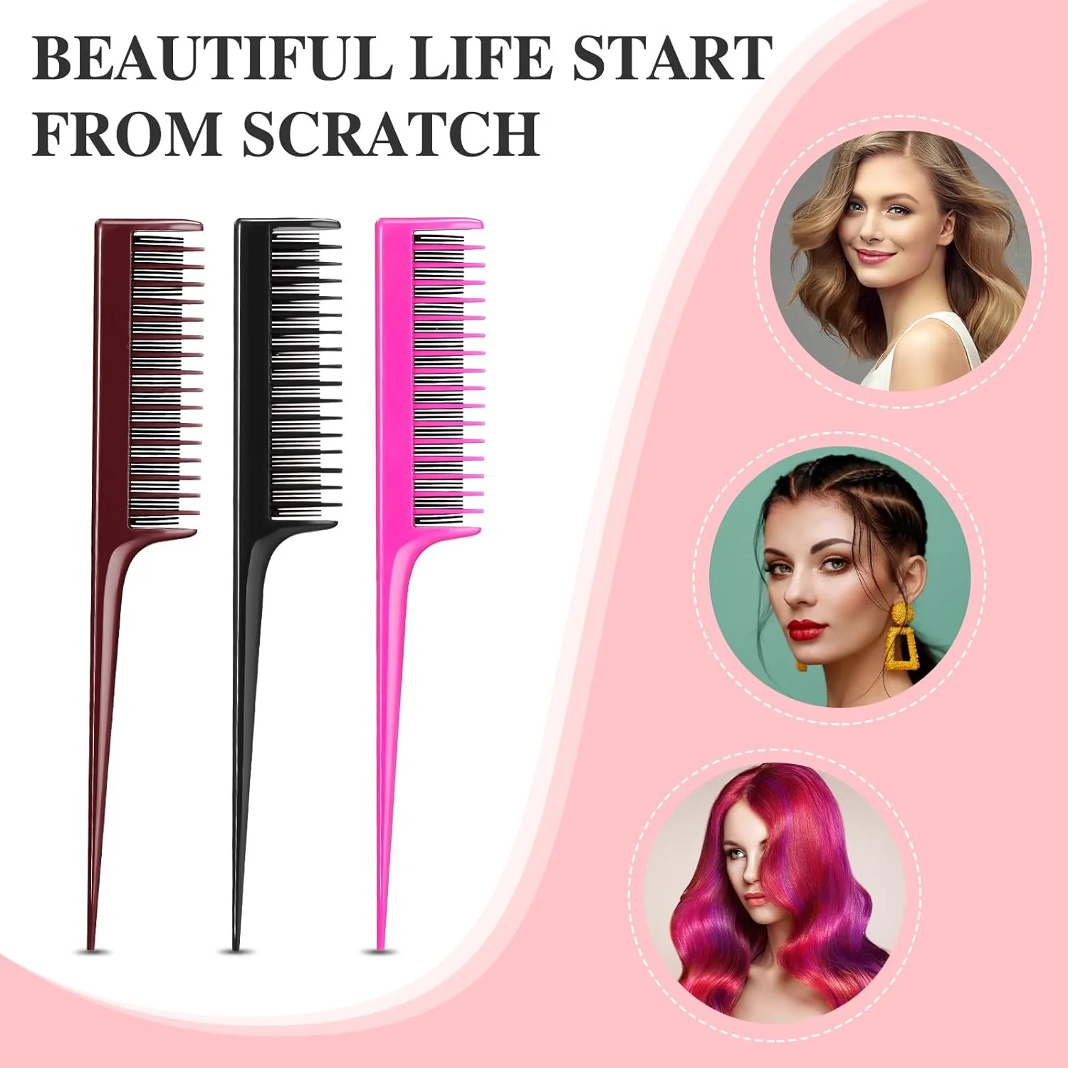 مجموعه 3 عددی شانه پوش دهنده مو Leinuosen، شامل شانه دم موشی برای ایجاد حجم، بافت و حالت دهی به مو (مشکی، صورتی و قهوه ای)